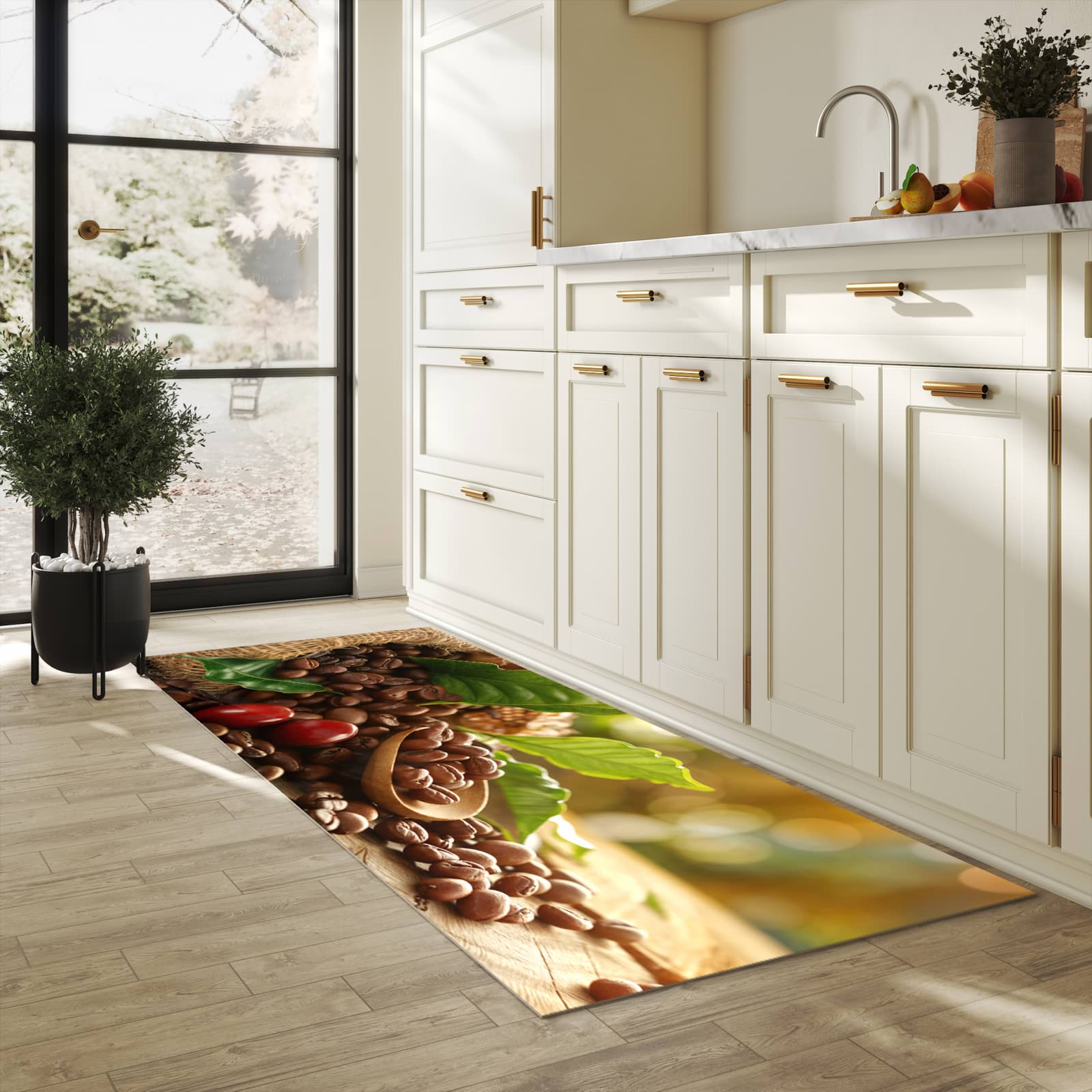 Abriebfester Läufer für die Küche mit Motiv Kaffeebohnen in heller Küche
