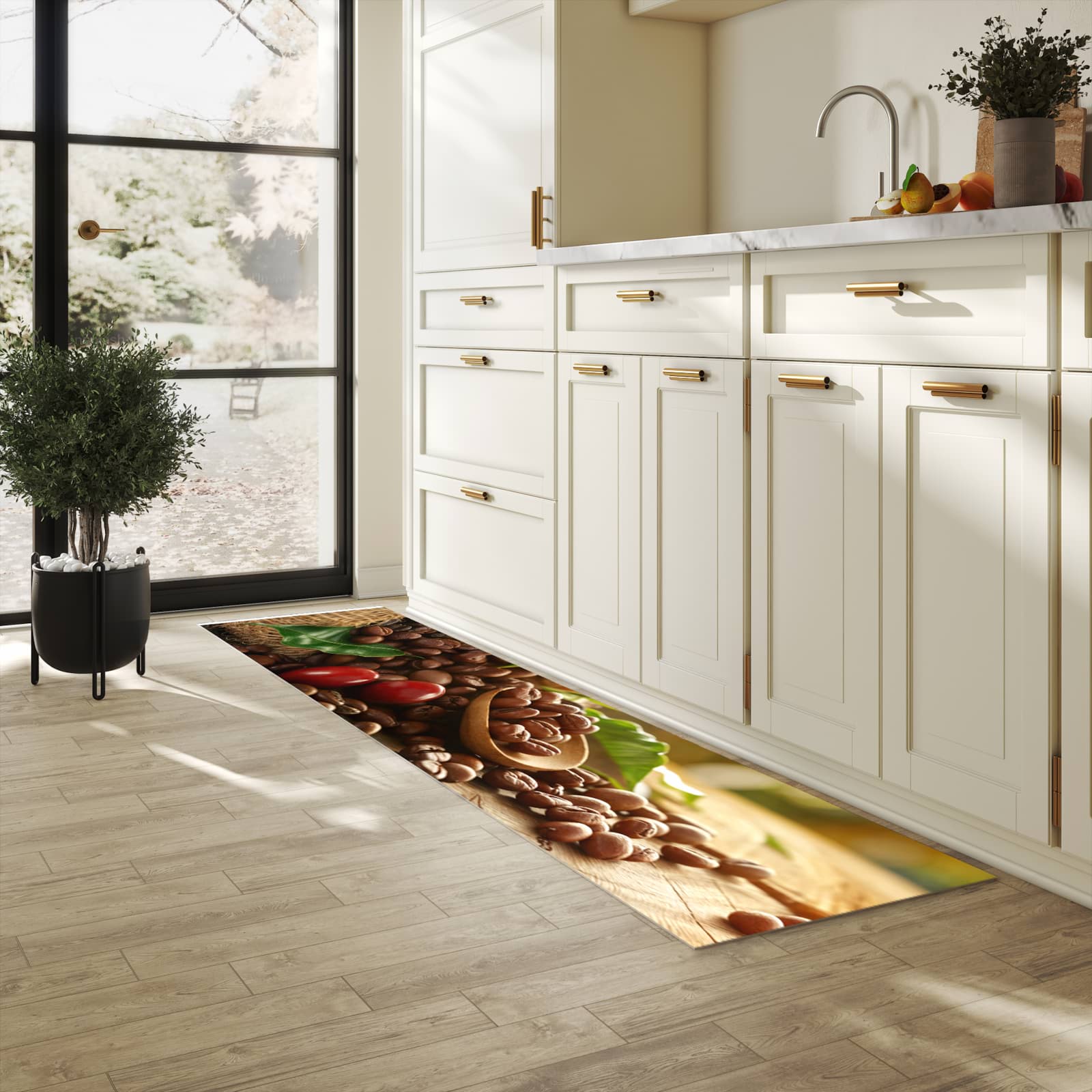 Rutschfester Küchenläufer mit Motiv Kaffeebohnen in heller Küche