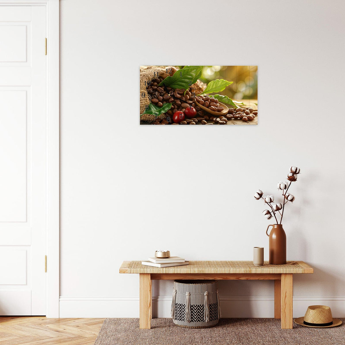 Moderne Wanduhr aus Glas mit Farbtiefe – Wanduhr Kaffeebohnen aus Glas – Querformat 60 × 30 cm