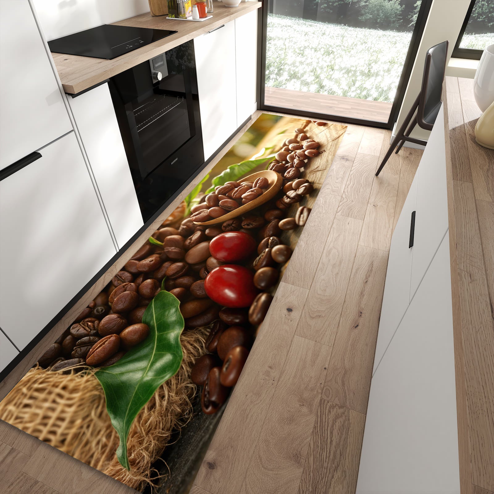 Formstabiler Läufer mit Motiv Kaffeebohnen in moderner Küche für rutschfesten Stand