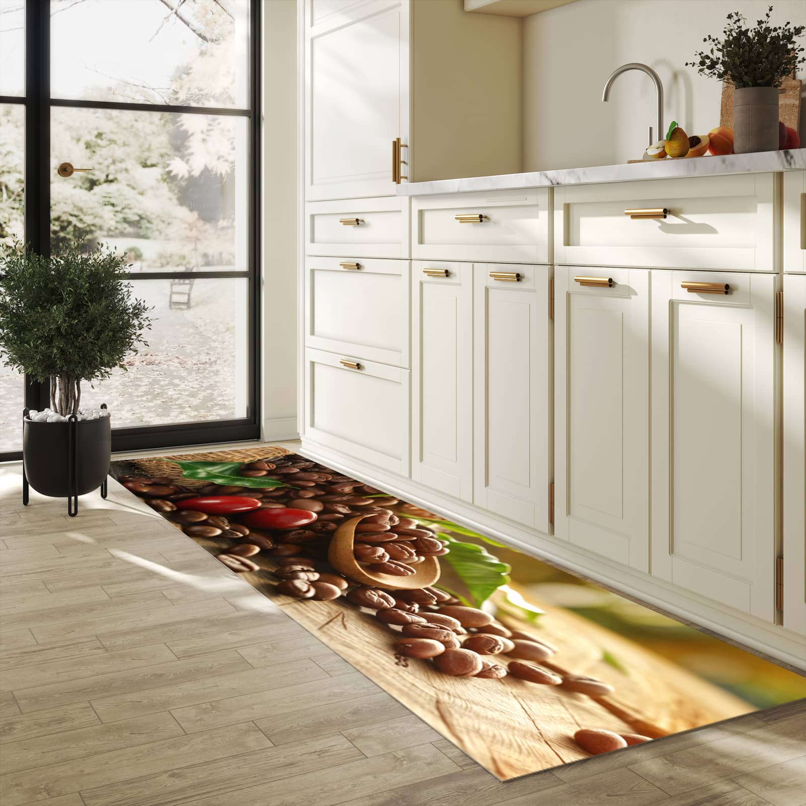 Langlebiger Küchenteppich mit Motiv Kaffeebohnen in heller Küche