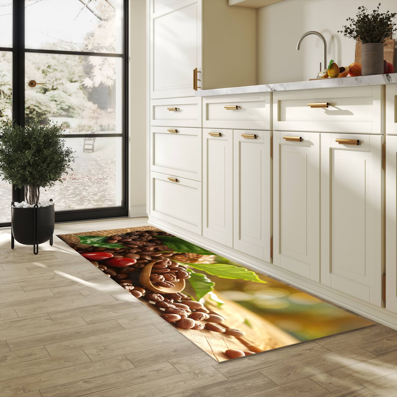 Strapazierfähiger Küchenteppich mit Motiv Kaffeebohnen in heller Küche