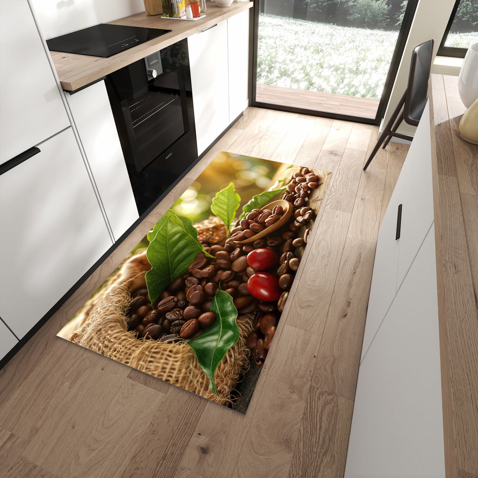 Dünner Küchenteppich mit Motiv Kaffeebohnen in moderner Küche für sicheres Aufbewahren