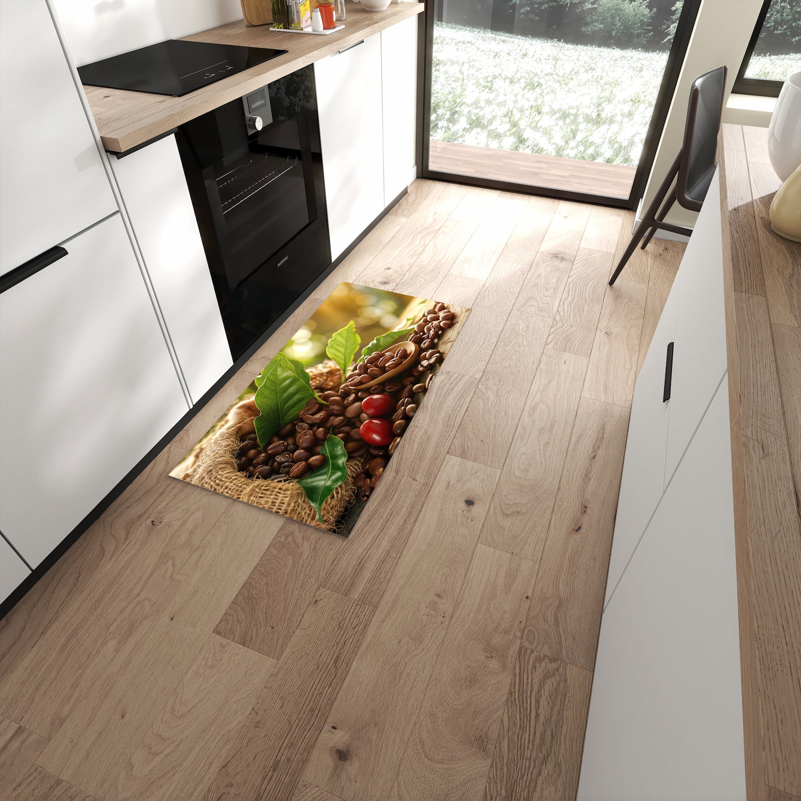 Hygienischer Küchenteppich mit Motiv Kaffeebohnen in moderner Küche #grösse_60 x 120 cm