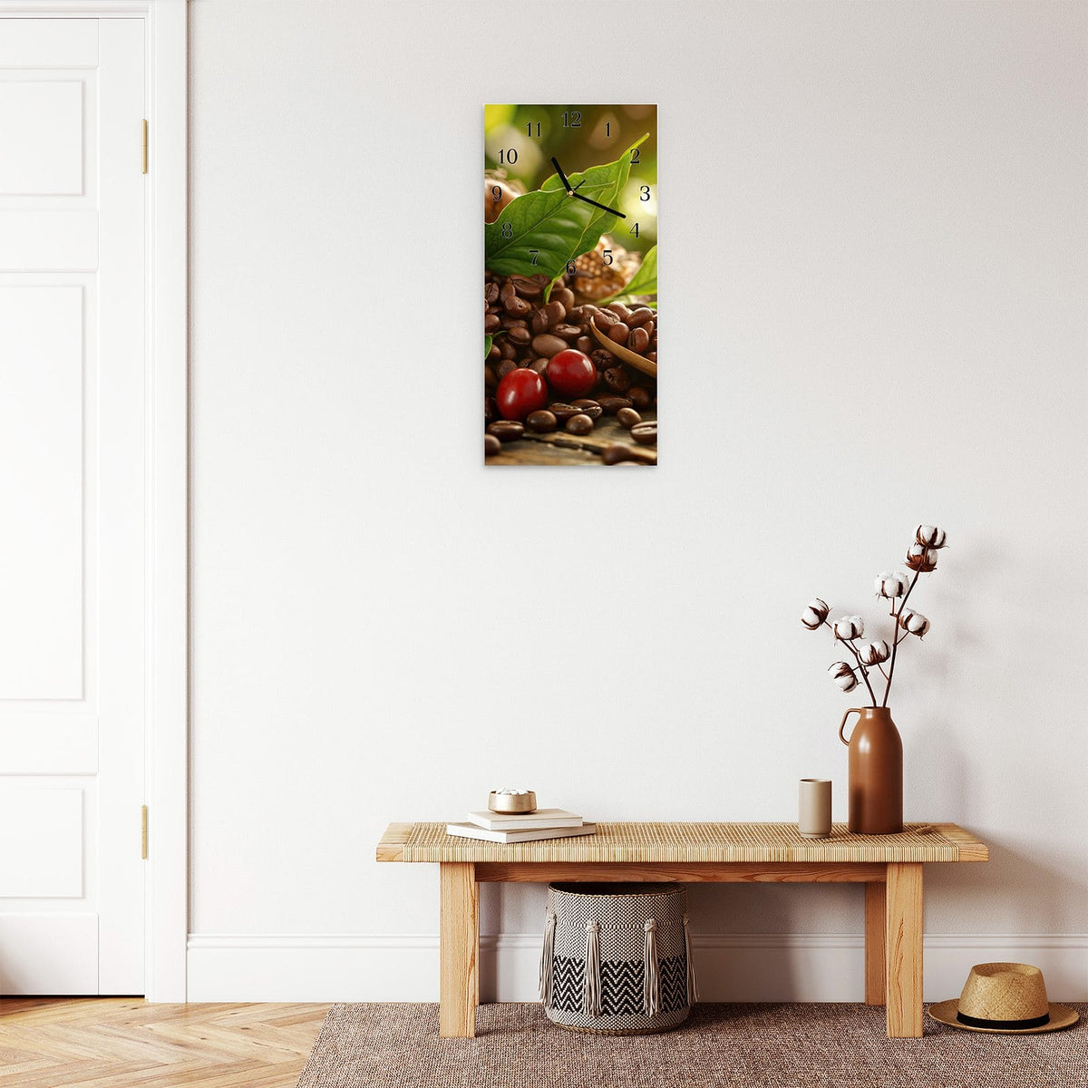 Moderne Wanduhr aus Glas mit Farbtiefe – Wanduhr Kaffeebohnen aus Glas – Hochformat 30 × 60 cm