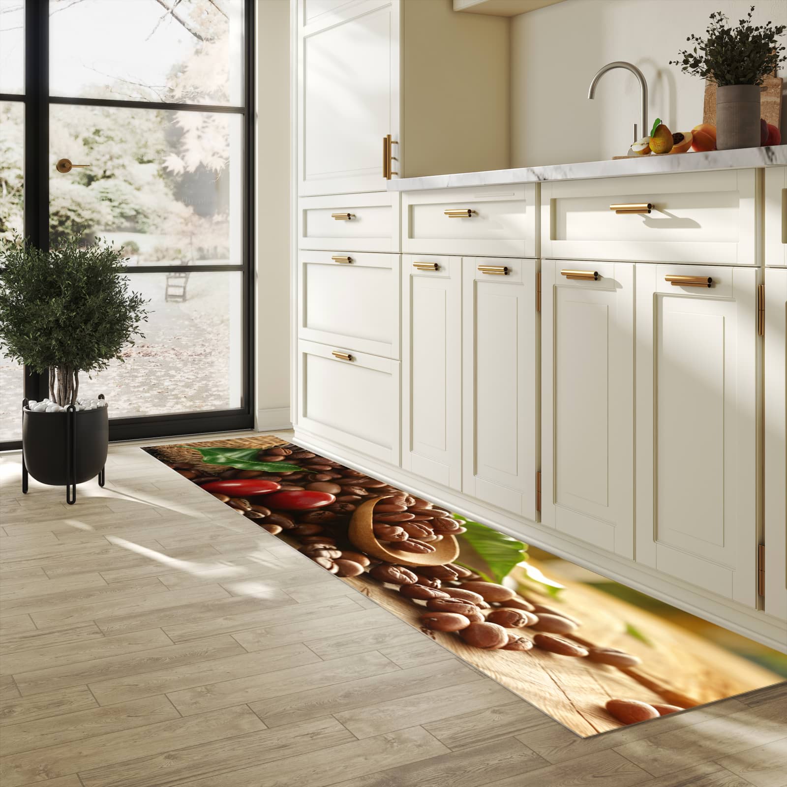 Pflegeleichter Küchenteppich mit Motiv Kaffeebohnen in heller Küche