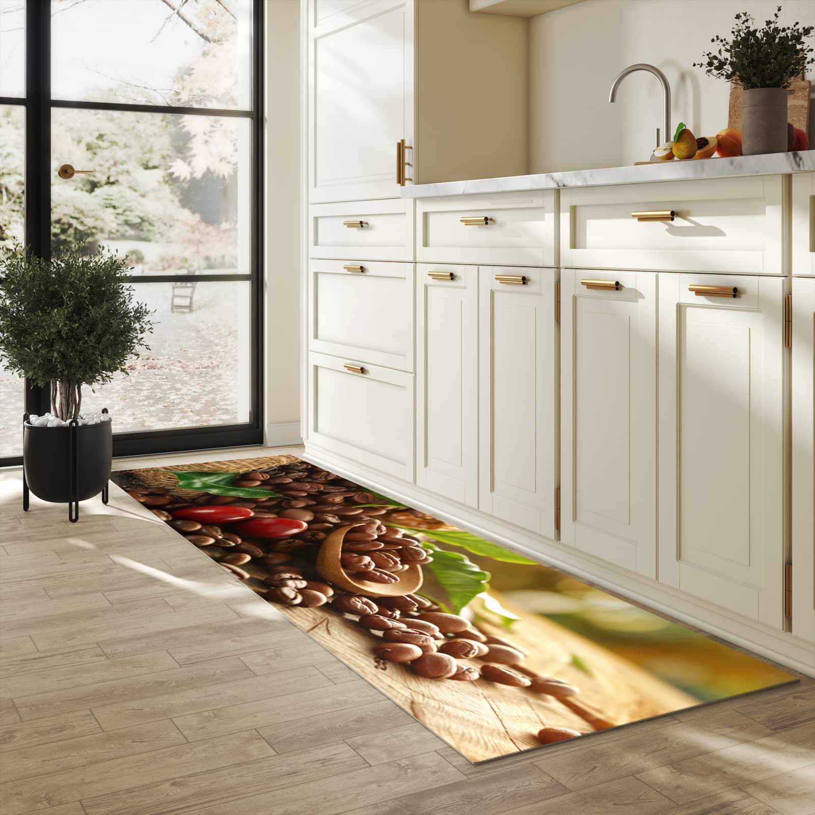 Waschbarer Küchenteppich mit Motiv Kaffeebohnen in heller Küche