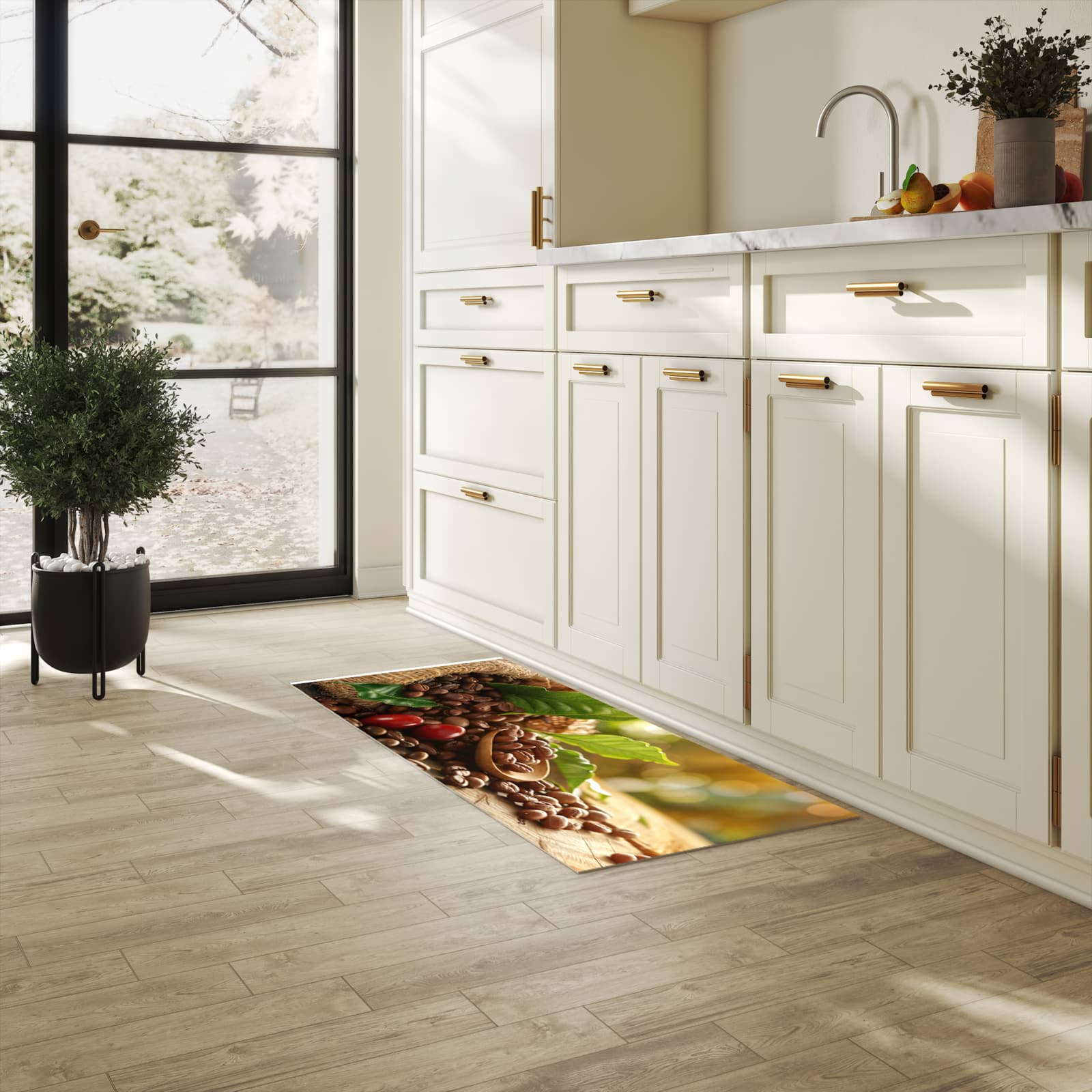 Flacher moderner Küchenläufer mit Motiv Kaffeebohnen in heller Küche