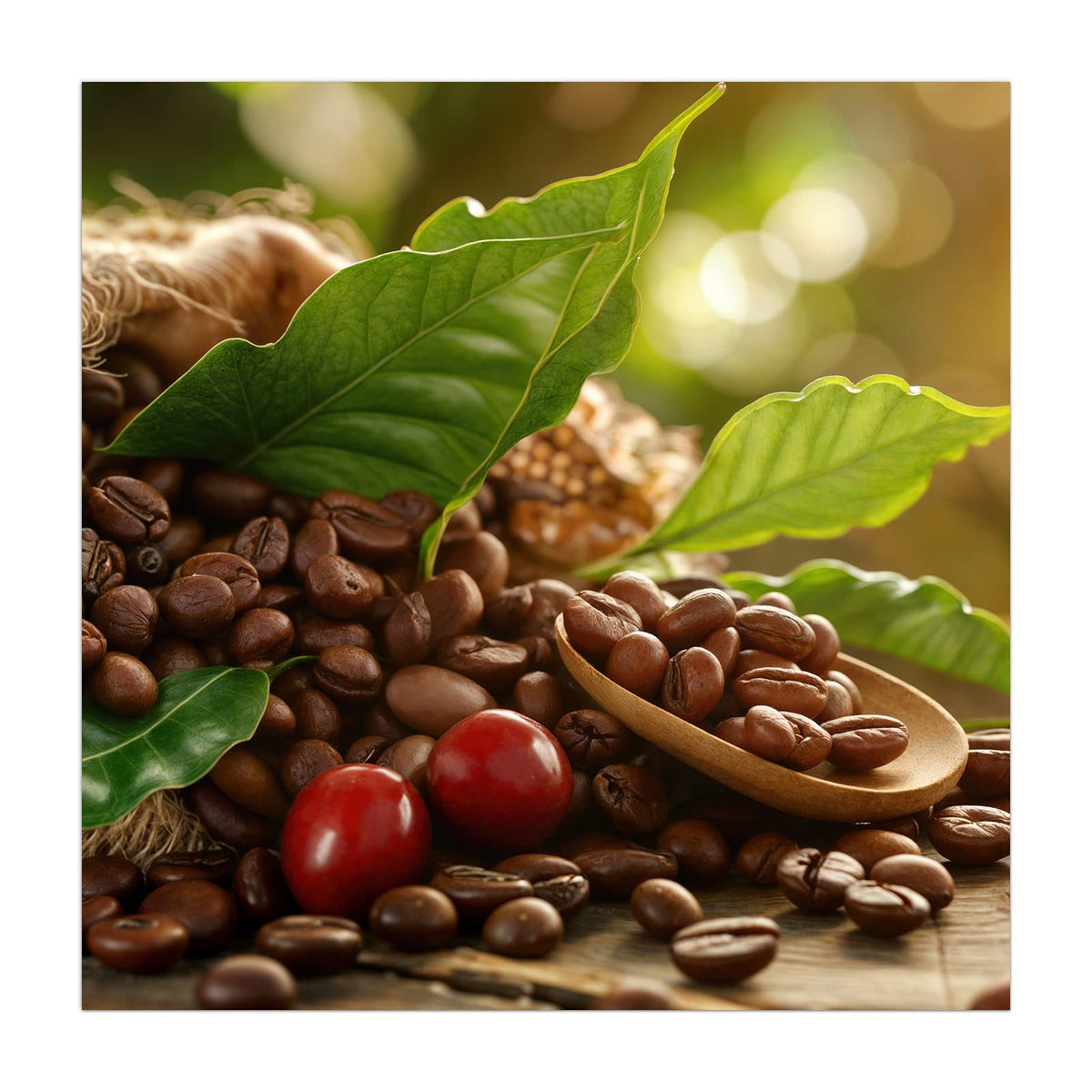 Kaffeebohnen mit grünen Blättern, Jutesack und zwei roten Kaffeekirschen