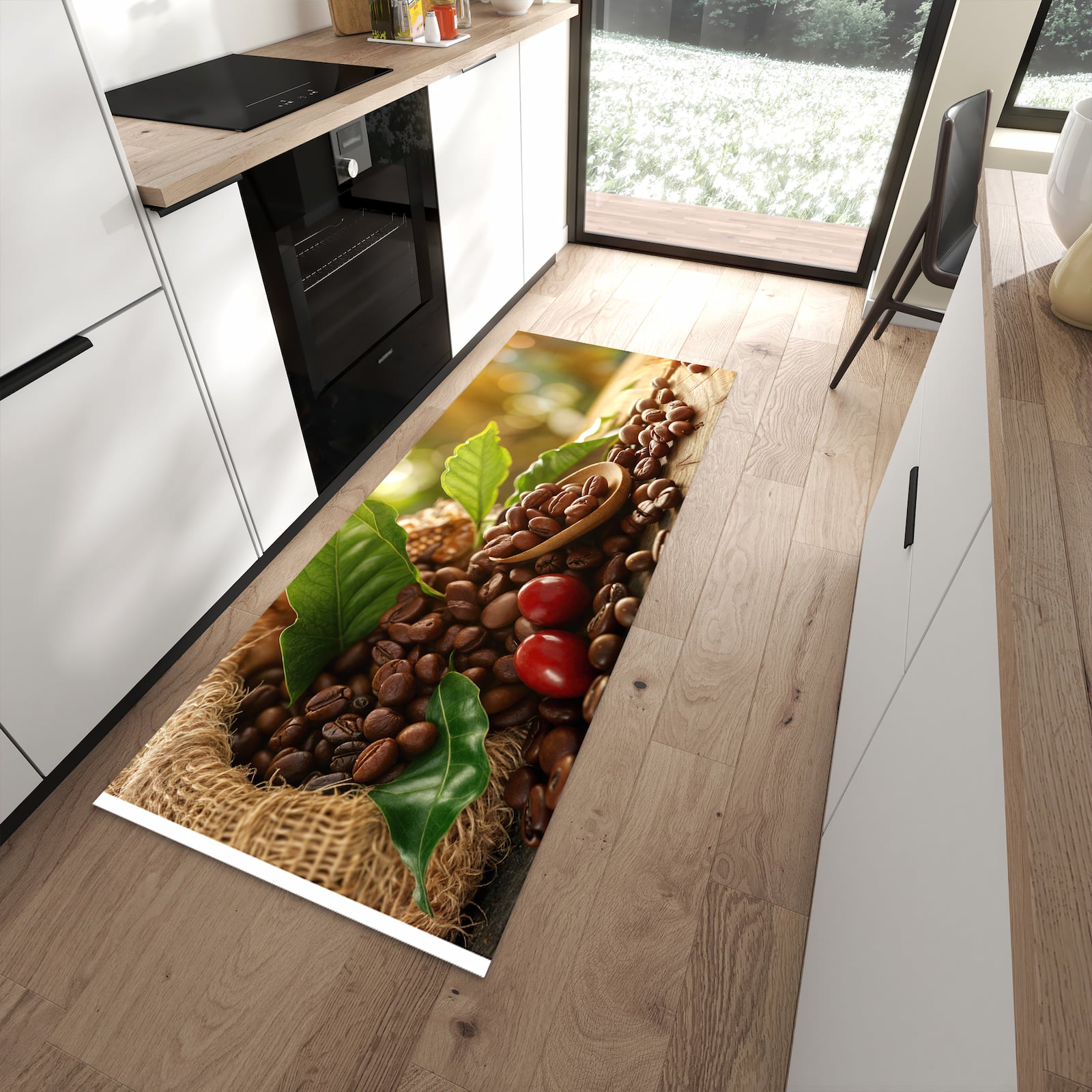 Waschbarer Küchenläufer mit Motiv Kaffeebohnen für Ordnung in moderner Küche