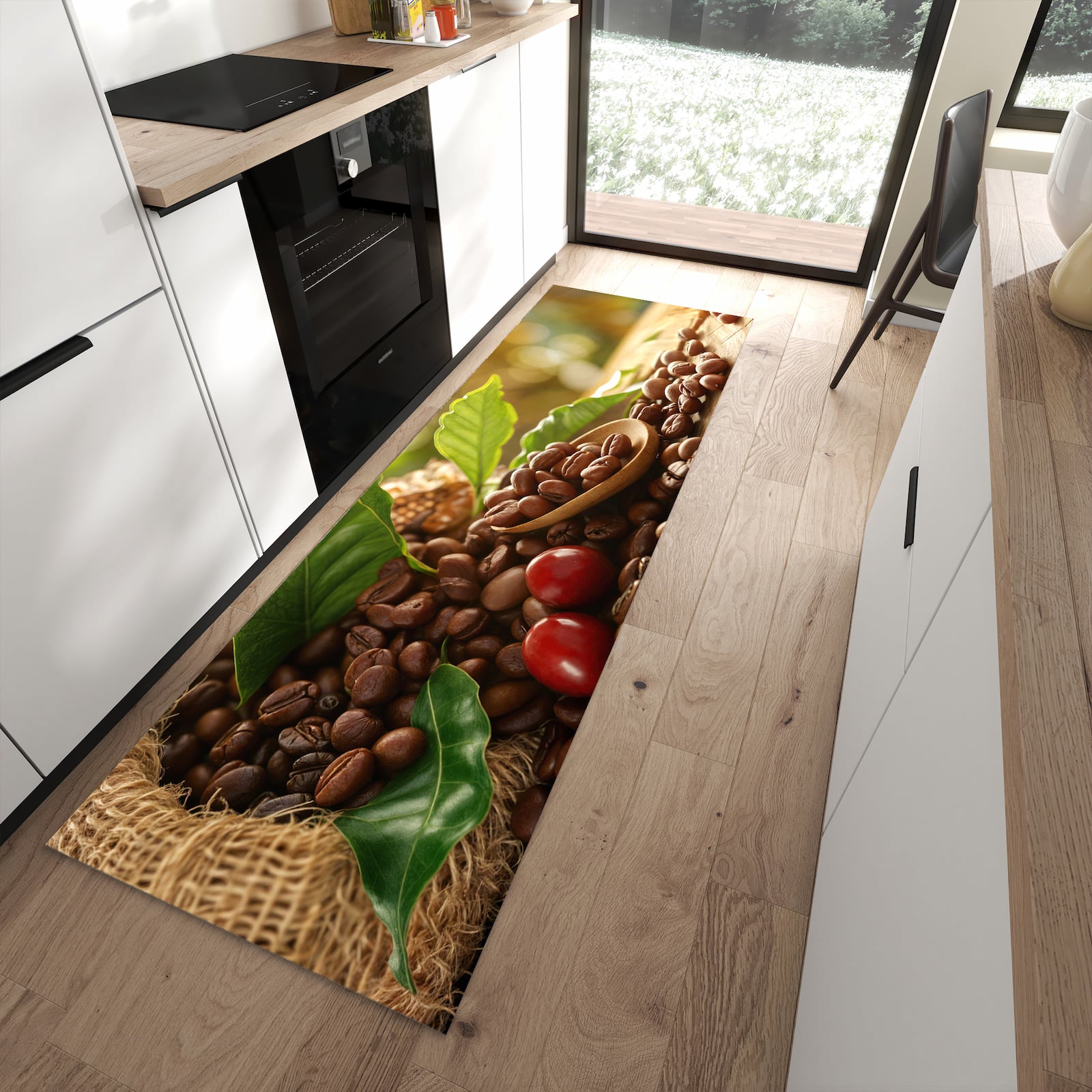 Bodenschonender langer Teppich mit Motiv Kaffeebohnen in moderner Küche