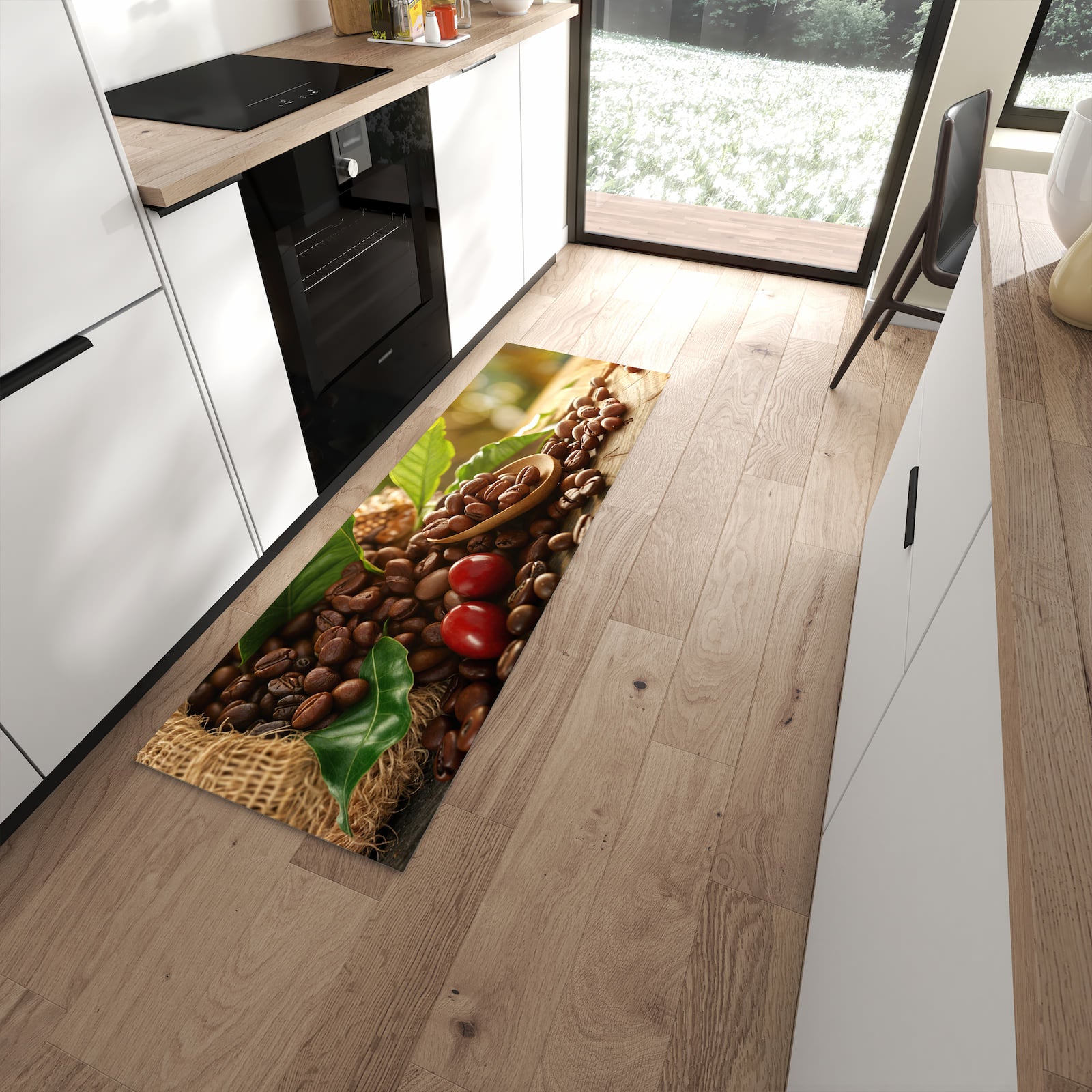 Waschbarer Küchenteppich mit Motiv Kaffeebohnen in moderner Küche
