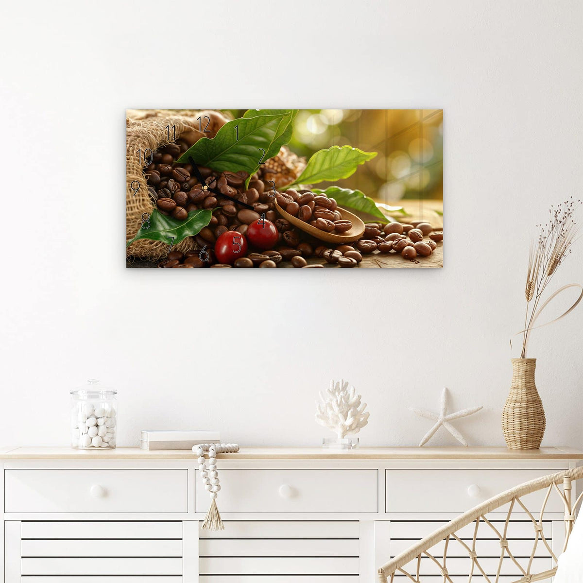 Wanduhr Kaffeebohnen aus Glas – Querformat 60 × 30 cm – Kaffeebohnen aus dem Jutesack
