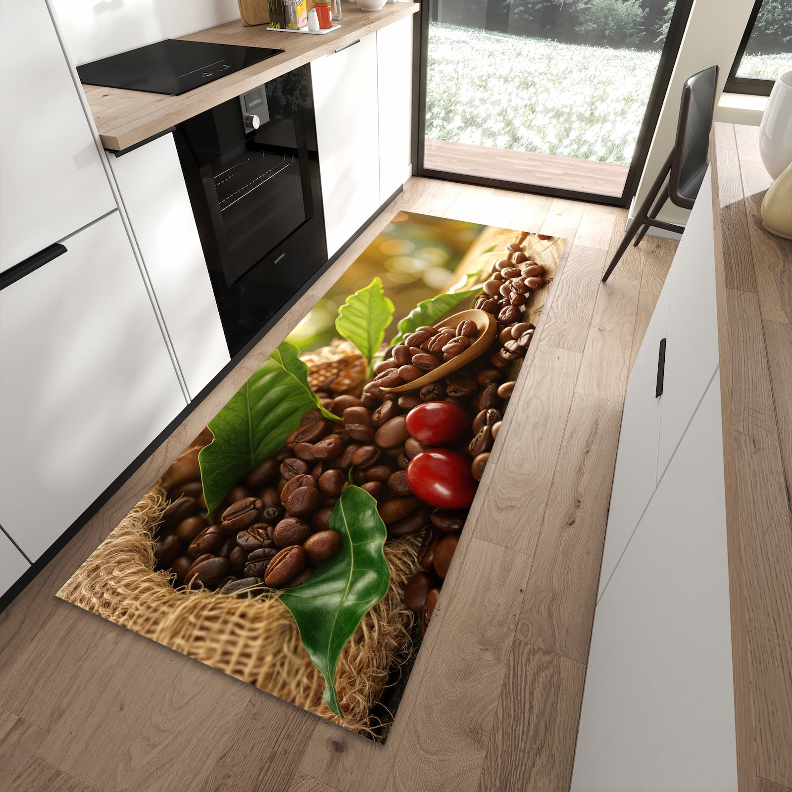 Rutschfester dünner Teppich mit Motiv Kaffeebohnen spart Zeit in moderner Küche