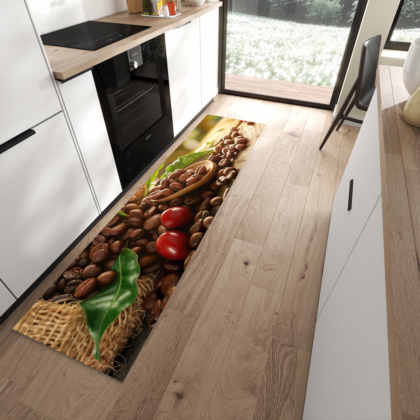 Langlebiger Küchenläufer mit Motiv Kaffeebohnen in moderner Küche