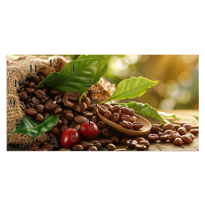 Wanduhr Kaffeebohnen aus Glas – Querformat 60 × 30 cm mit Ziffernblatt Klassisch