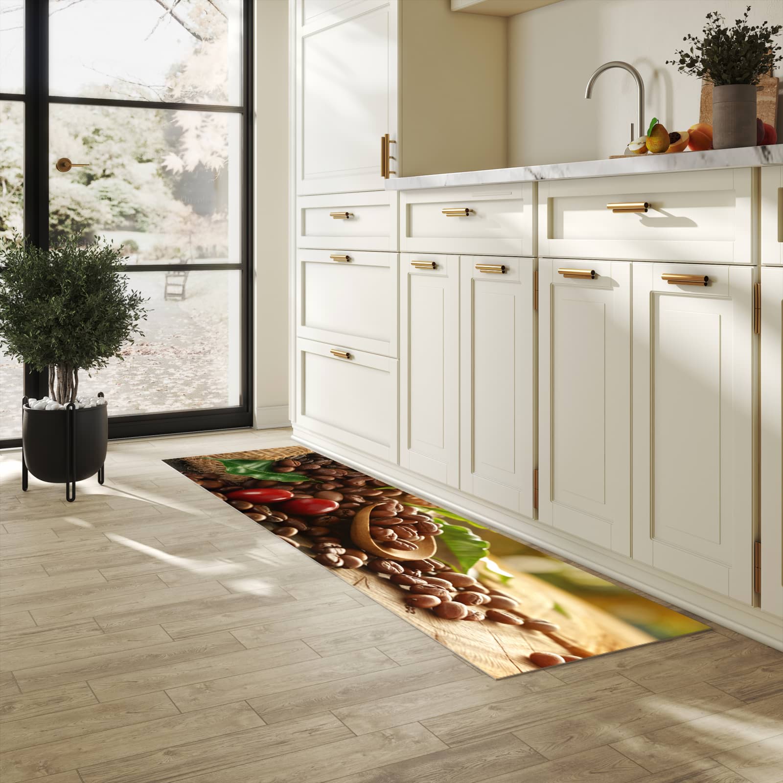Komfortabler abwaschbarer Küchenteppich mit Motiv Kaffeebohnen in heller Küche