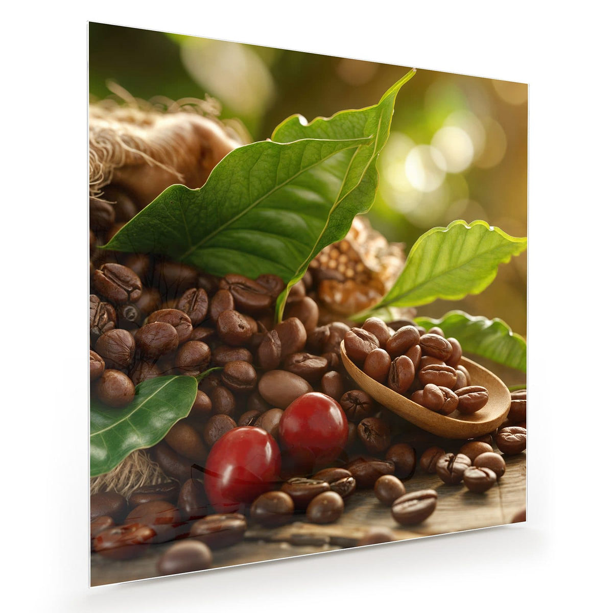Kaffeebohnen mit grünen Blättern, Jutesack und zwei roten Kaffeekirschen