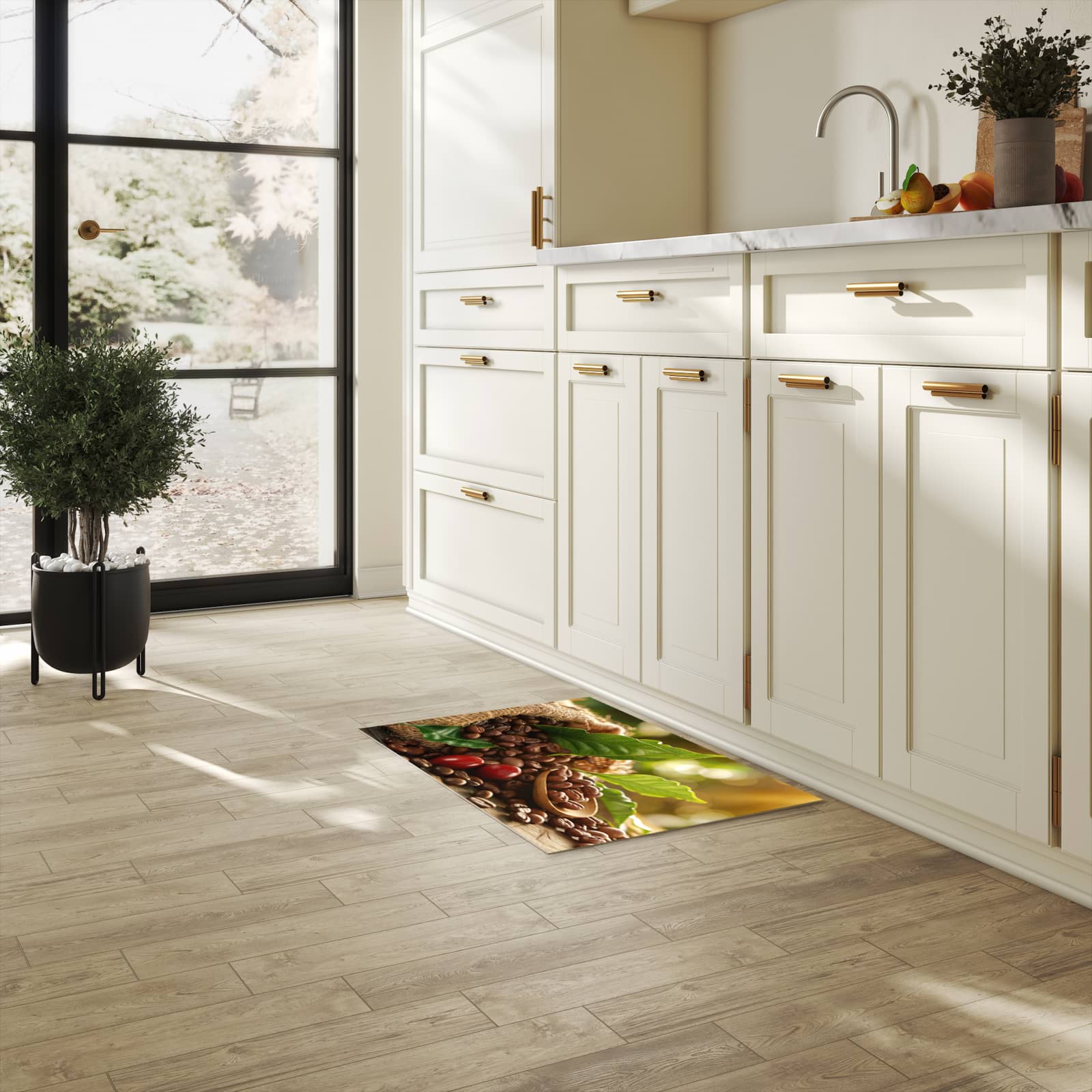 Küchenteppich mit Motiv Kaffeebohnen für angenehme Haptik in heller Küche
