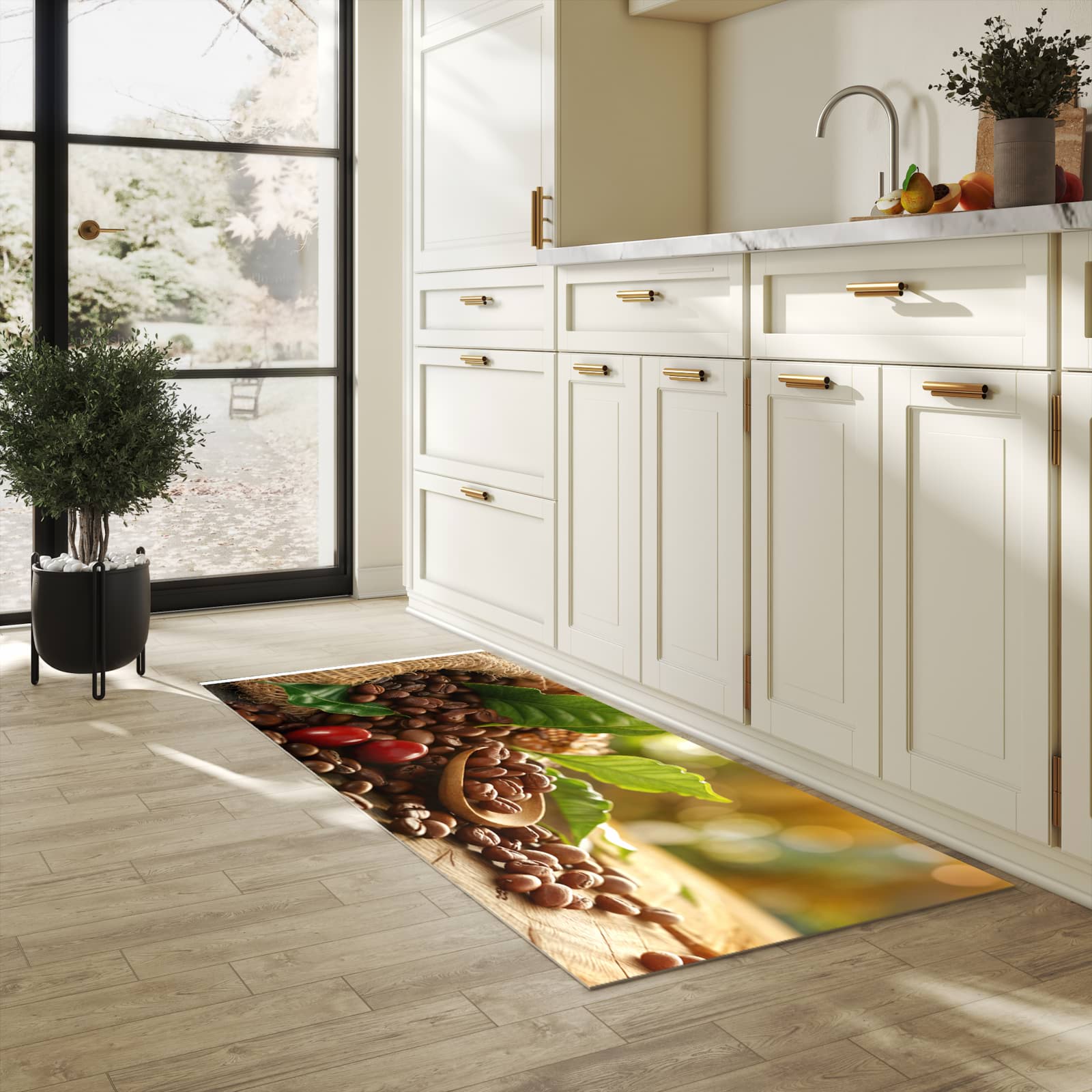 Hygienischer Küchenteppich mit Motiv Kaffeebohnen in heller Küche