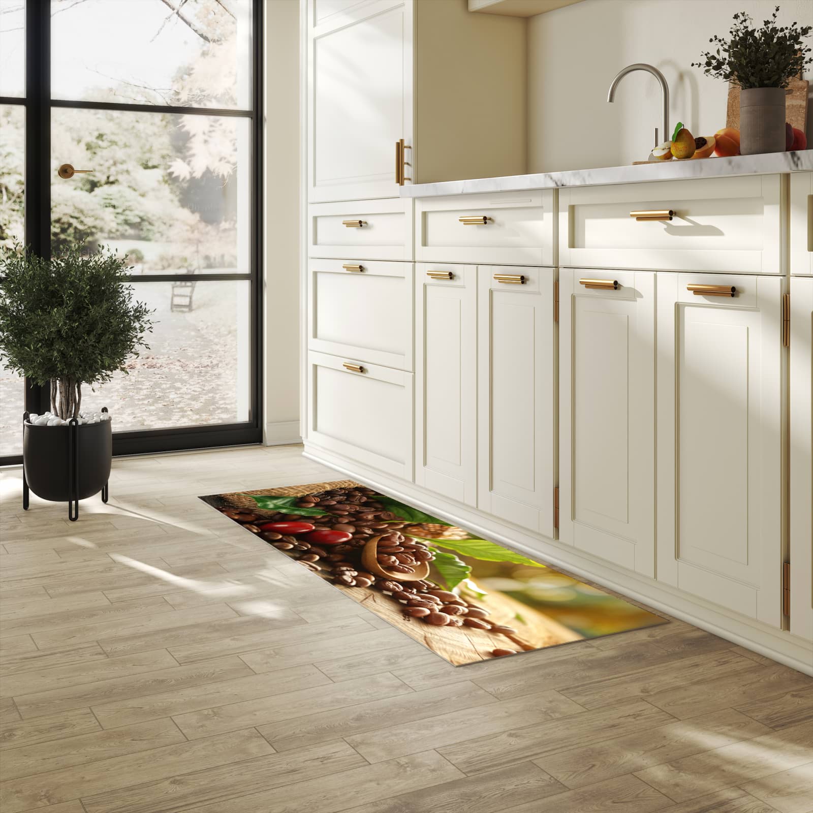 Pflegeleichter Küchenläufer mit Motiv Kaffeebohnen in heller Küche