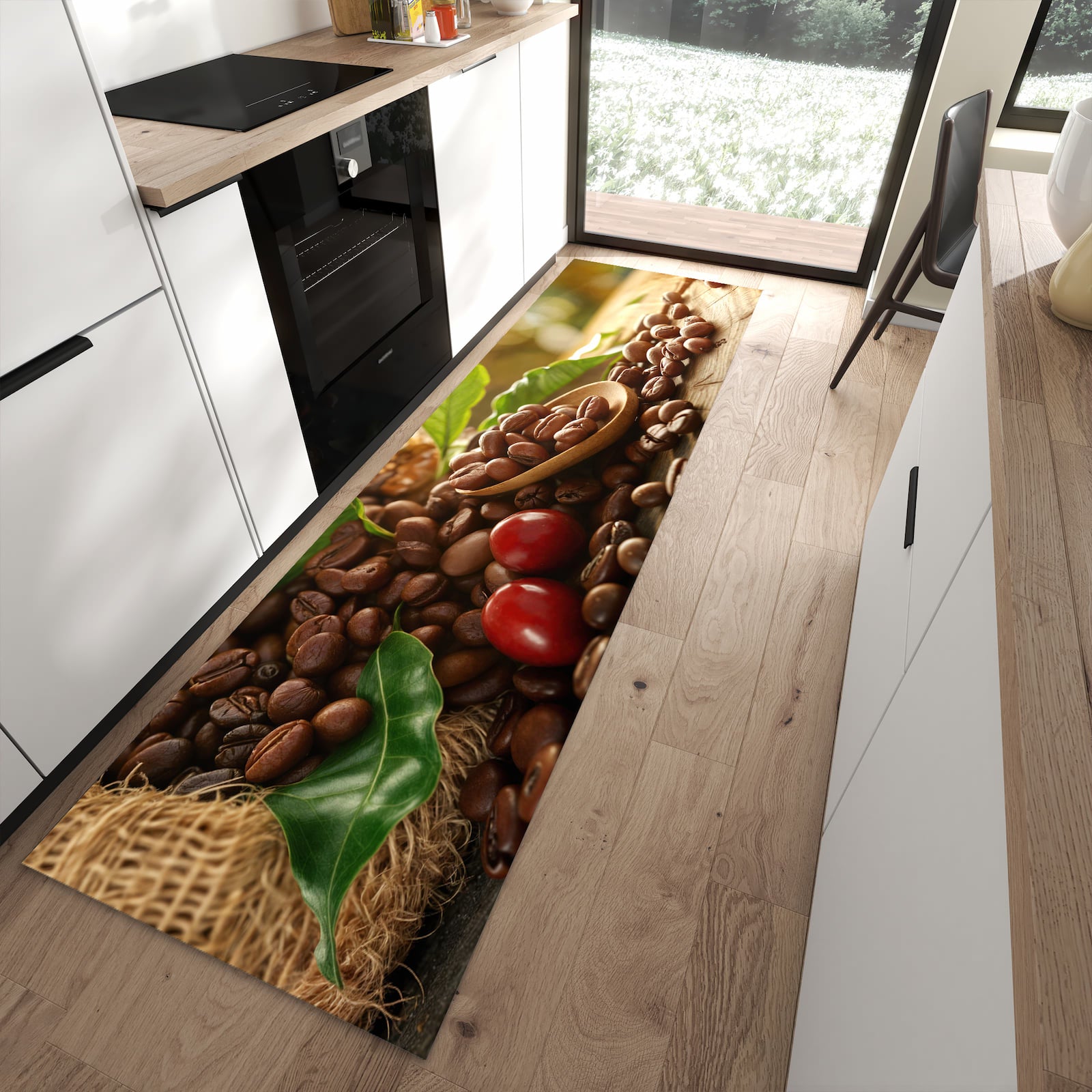 Farbbeständiger Läufer für den Eingangsbereich mit Motiv Kaffeebohnen in moderner Küche