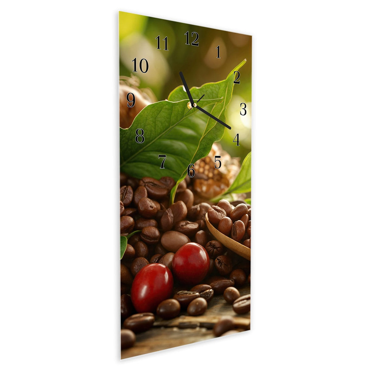 Vormontiert – mit Schwebeeffekt – Wanduhr Kaffeebohnen aus Glas – Hochformat 30 × 60 cm