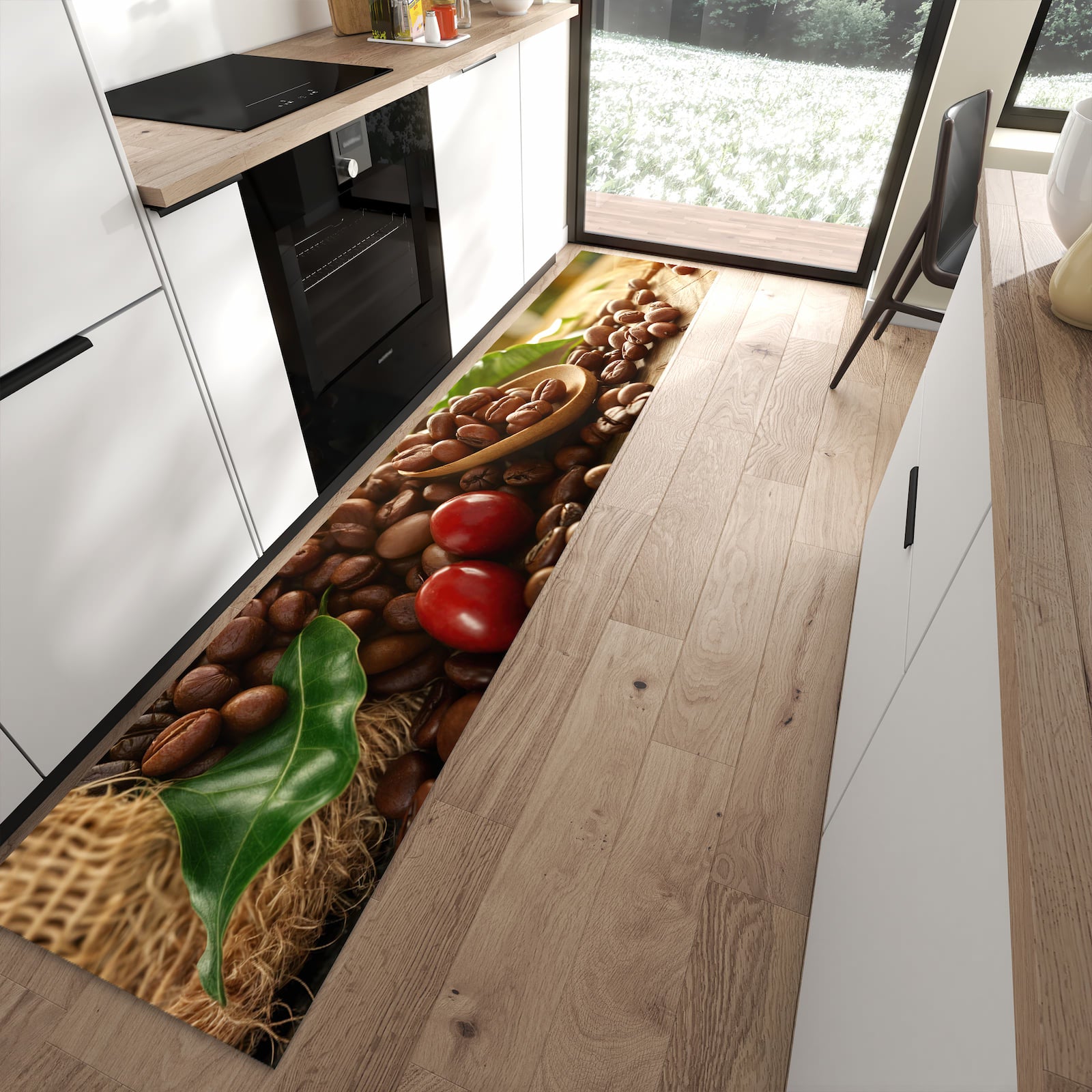 Feuchtigkeitsresistenter Teppichläufer mit Motiv Kaffeebohnen in moderner Küche
