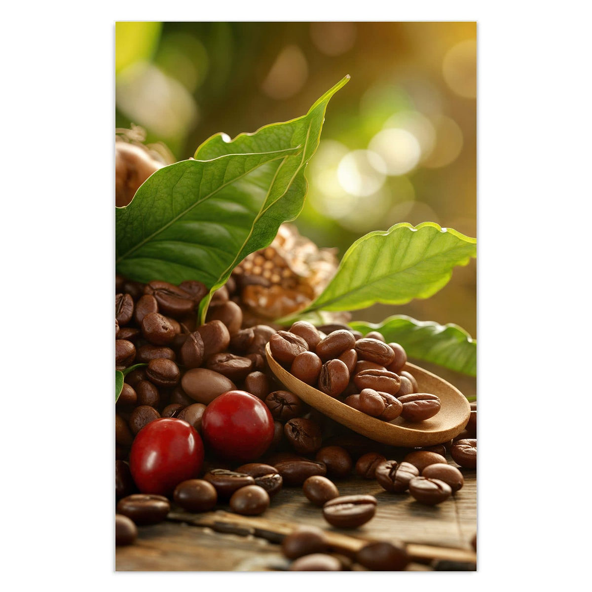 Kaffeebohnen mit grünen Blättern, Jutesack und zwei roten Kaffeekirschen