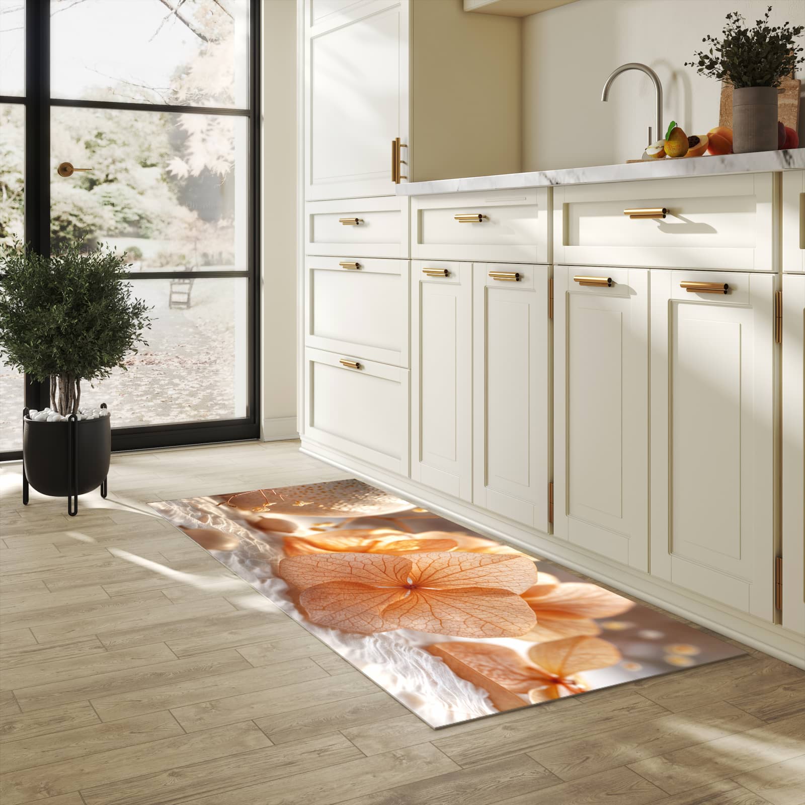 UV-beständiger rutschfester Küchenläufer mit Motiv Blumenarrangement in heller Küche