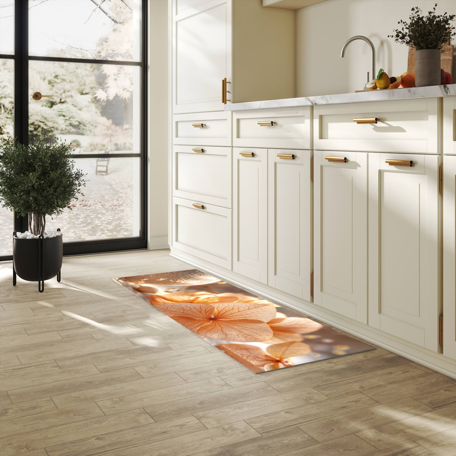 Formstabiler waschbarer Küchenteppich mit Motiv Blumenarrangement in heller Küche