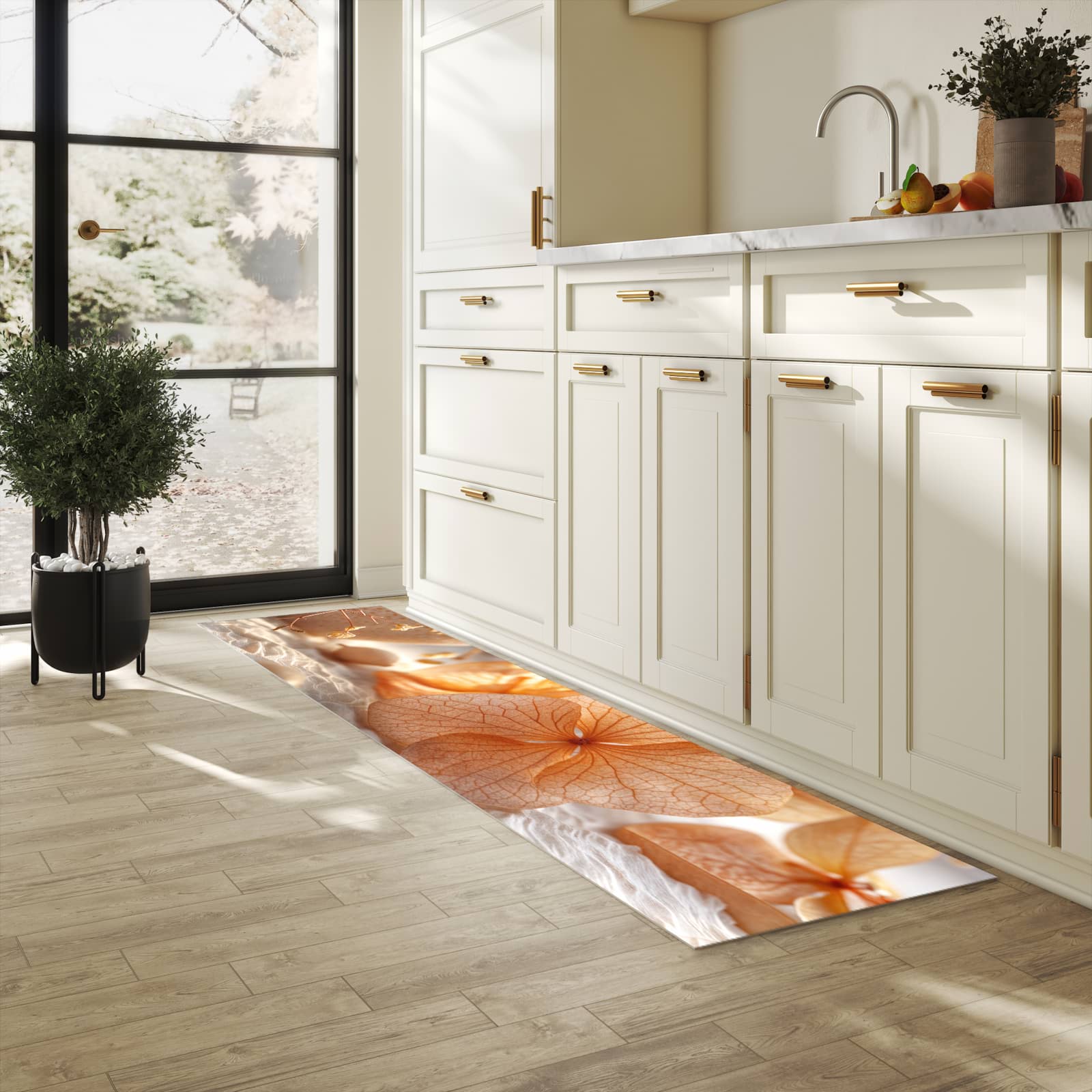 Zeitsparender Küchenläufer mit Motiv Blumenarrangement in heller Küche