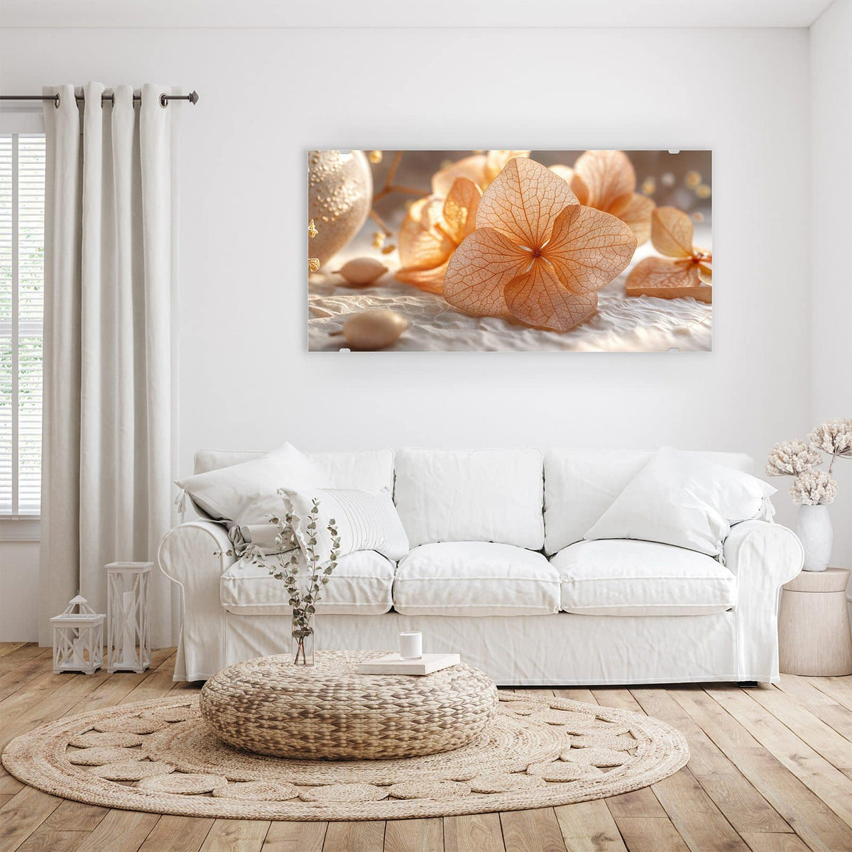 Wandbild - Hortensie in Apricot - Querformat – Apricotfarbene Hortensienblüten