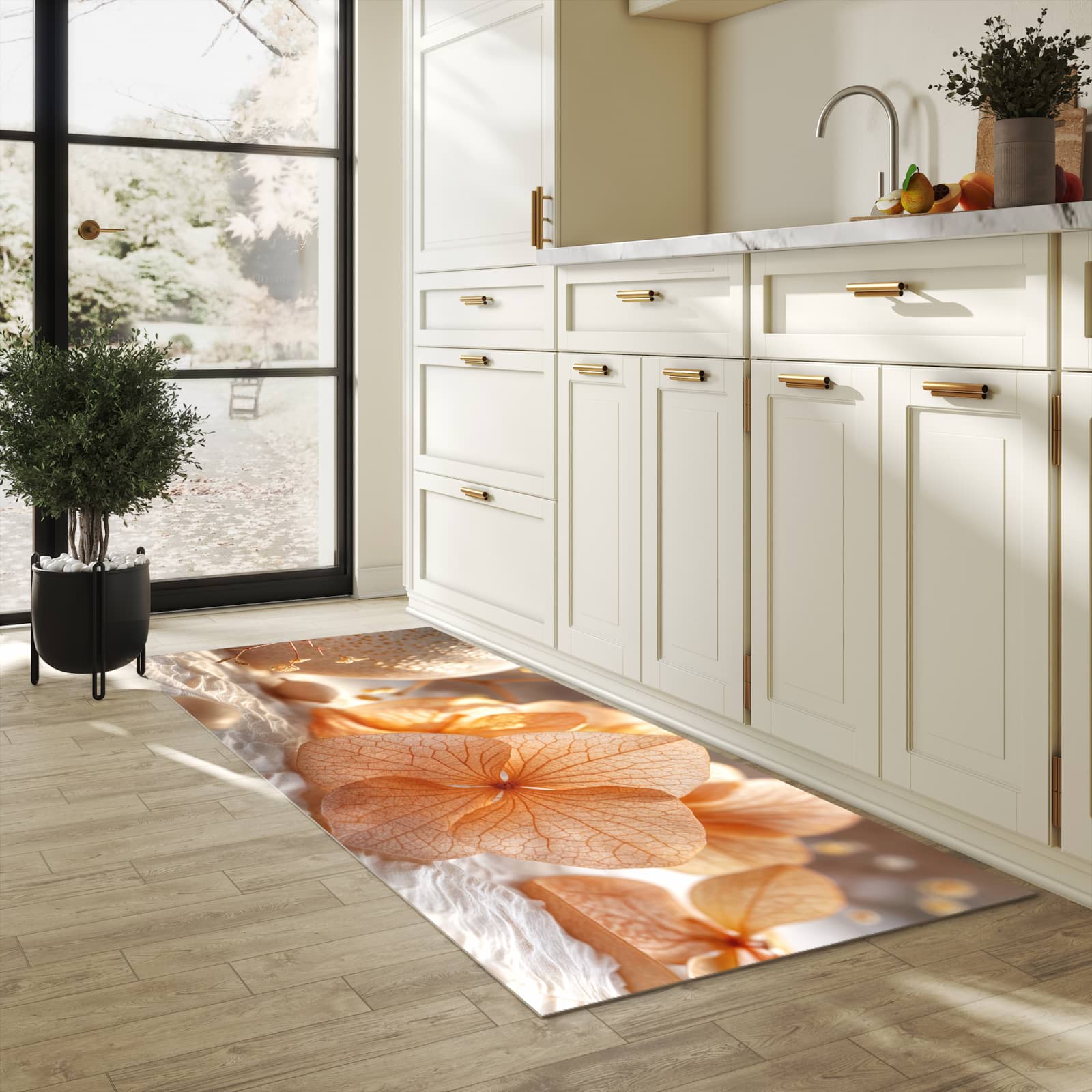 Geruchsneutraler Küchenläufer nach Maß mit Motiv Blumenarrangement in heller Küche