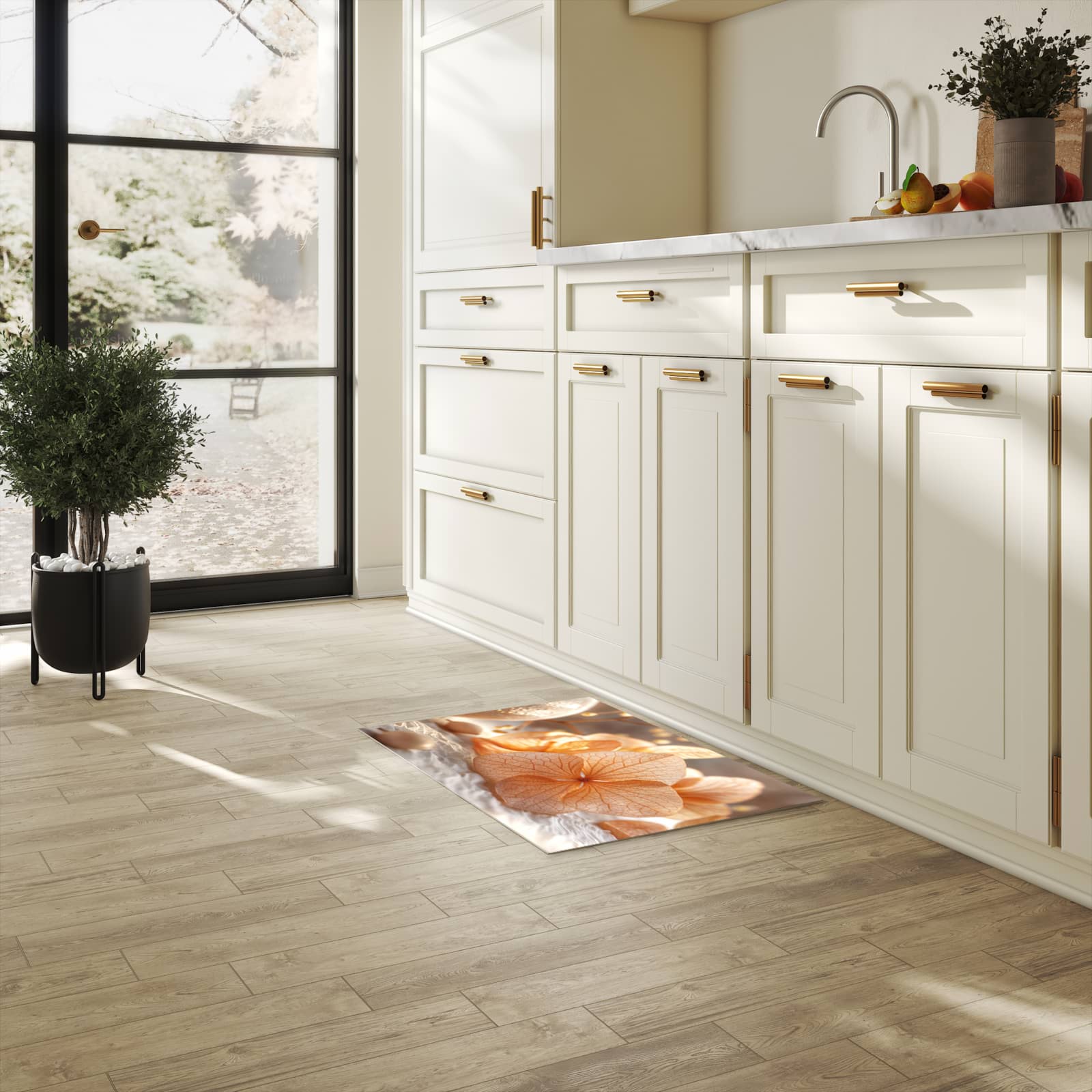 Abriebfester rutschfester Küchenläufer mit Motiv Blumenarrangement in heller Küche