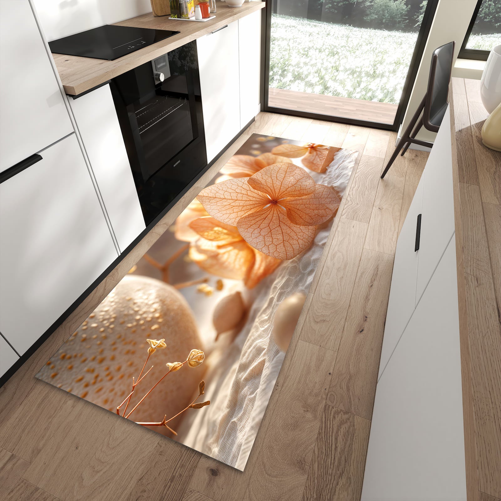 Küchenteppich mit Motiv Blumenarrangement für angenehme Haptik in moderner Küche