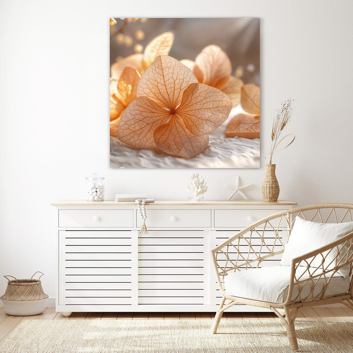 Echtglas, 4 mm – kein Acryl, keine Folie – Wandbild - Hortensie in Apricot - Quadratisch
