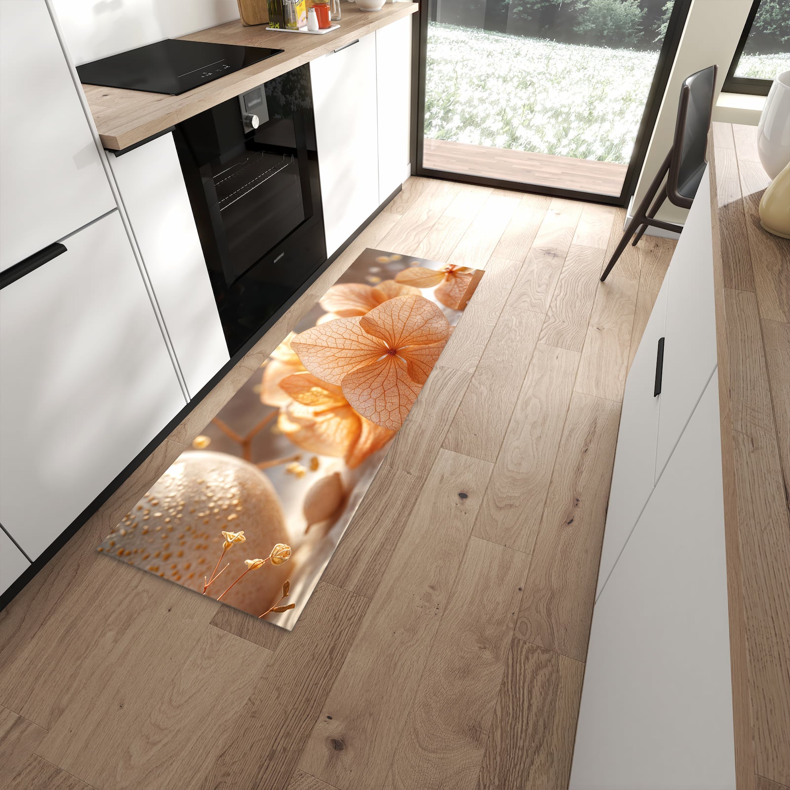 Wasserabweisender Küchenteppich mit Motiv Blumenarrangement in moderner Küche