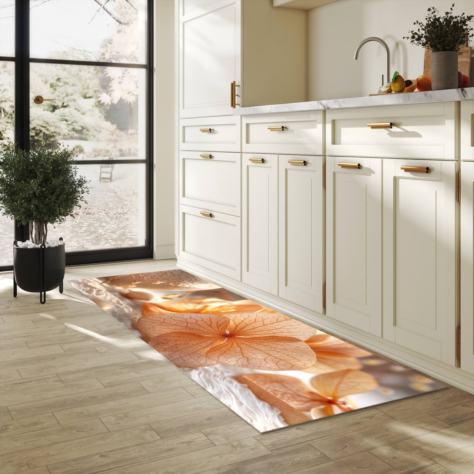 Rutschfester Küchenläufer mit Motiv Blumenarrangement für Trittkomfort in heller Küche