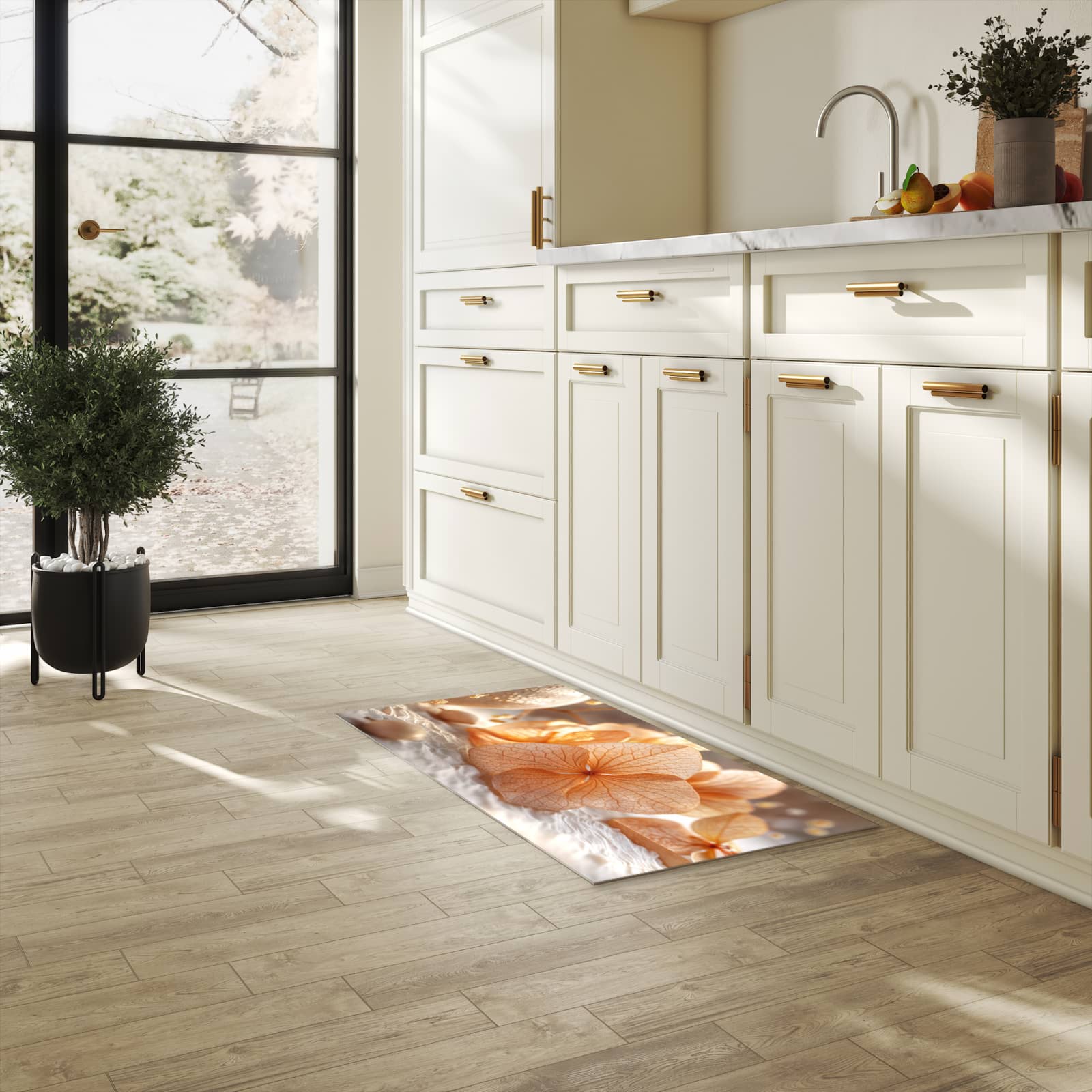 Bodenschonender großer Küchenteppich mit Motiv Blumenarrangement in heller Küche