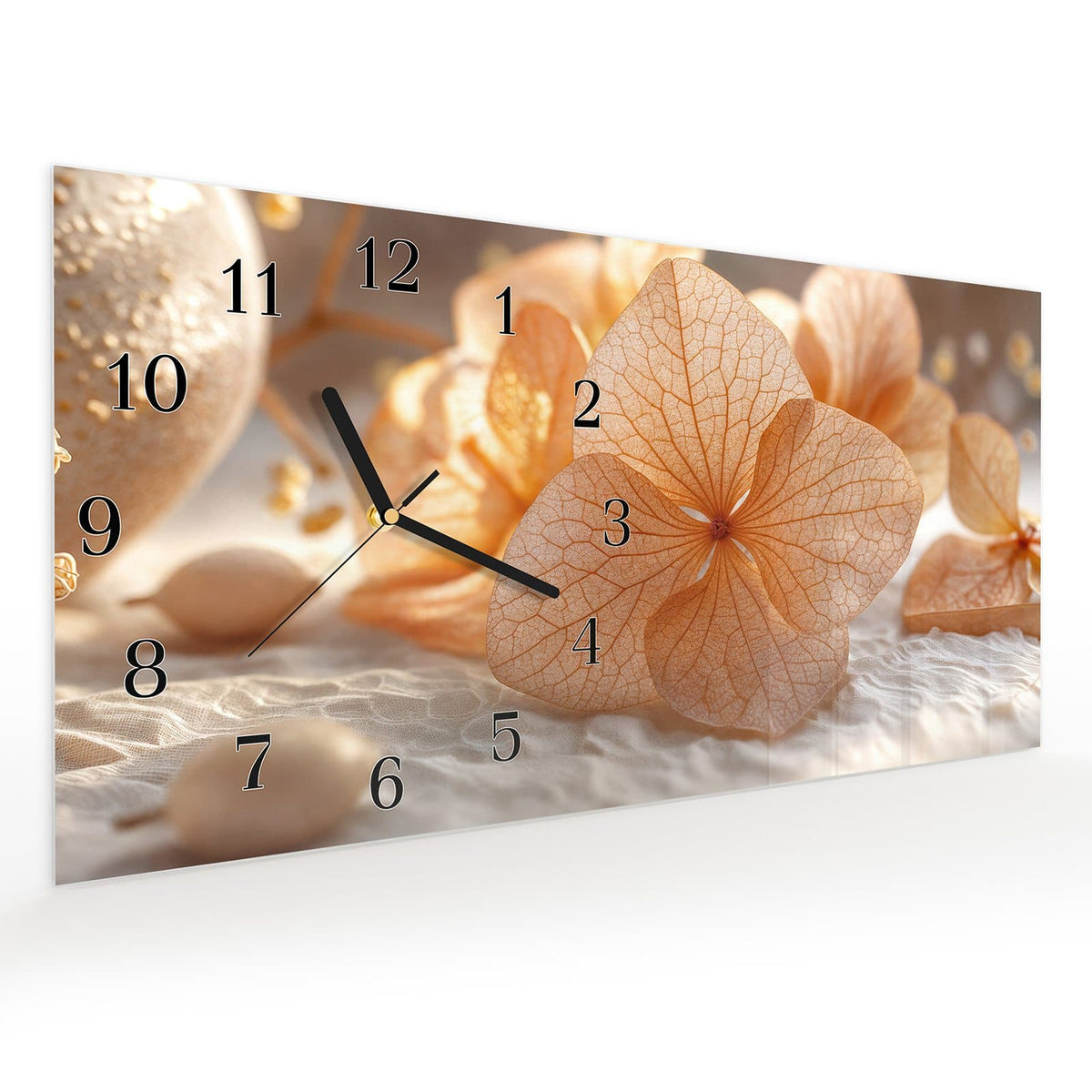Vormontiert – mit Schwebeeffekt – Wanduhr Blumenarrangement aus Glas – Querformat 60 × 30 cm