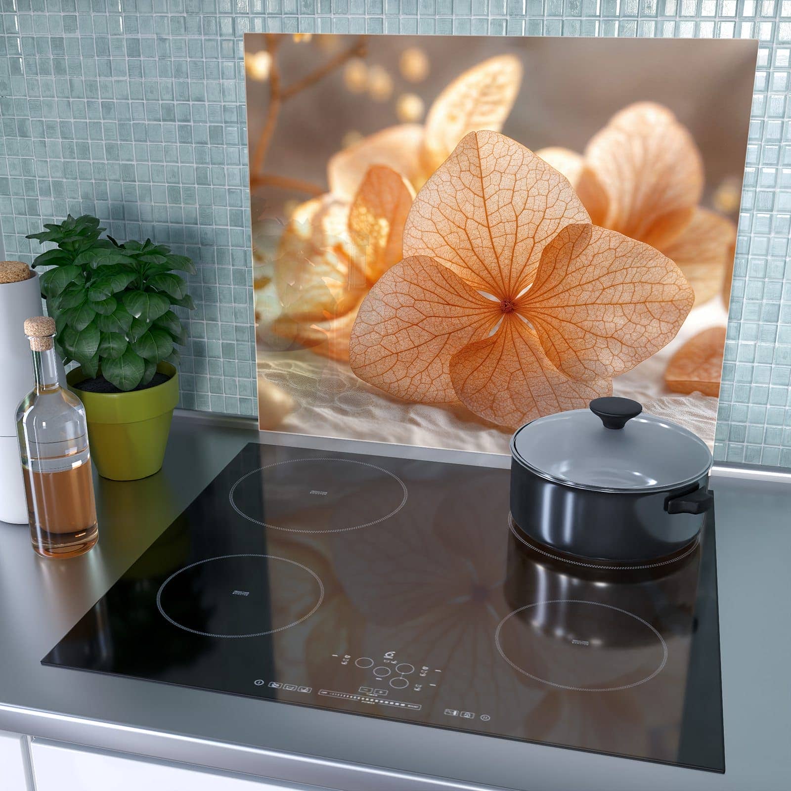1-teilige Herdabdeckplatte mit Blumenarrangement-Motiv als Spritzschutz hinter dem Kochfeld