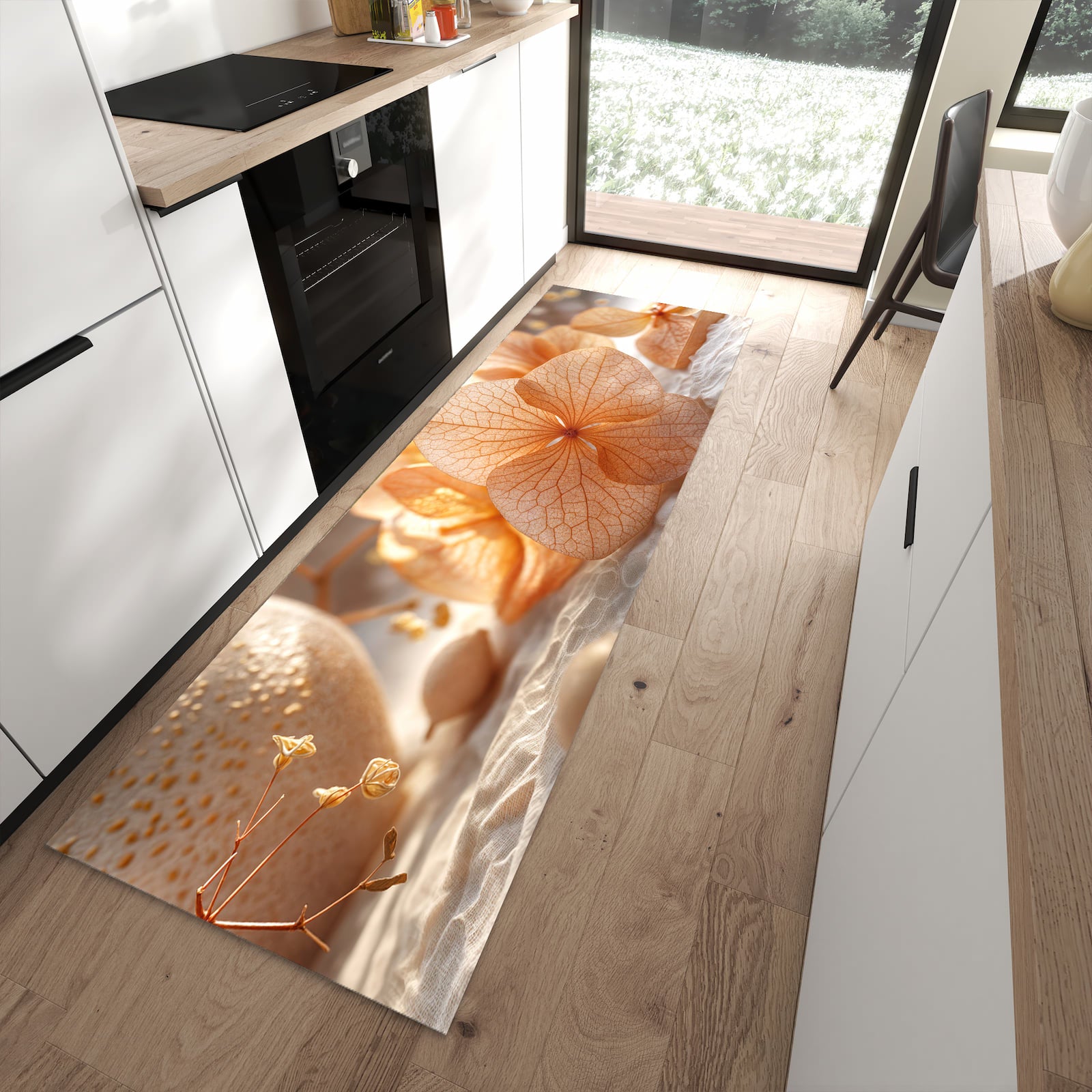 Pflegeleichter Küchenteppich mit Motiv Blumenarrangement in moderner Küche