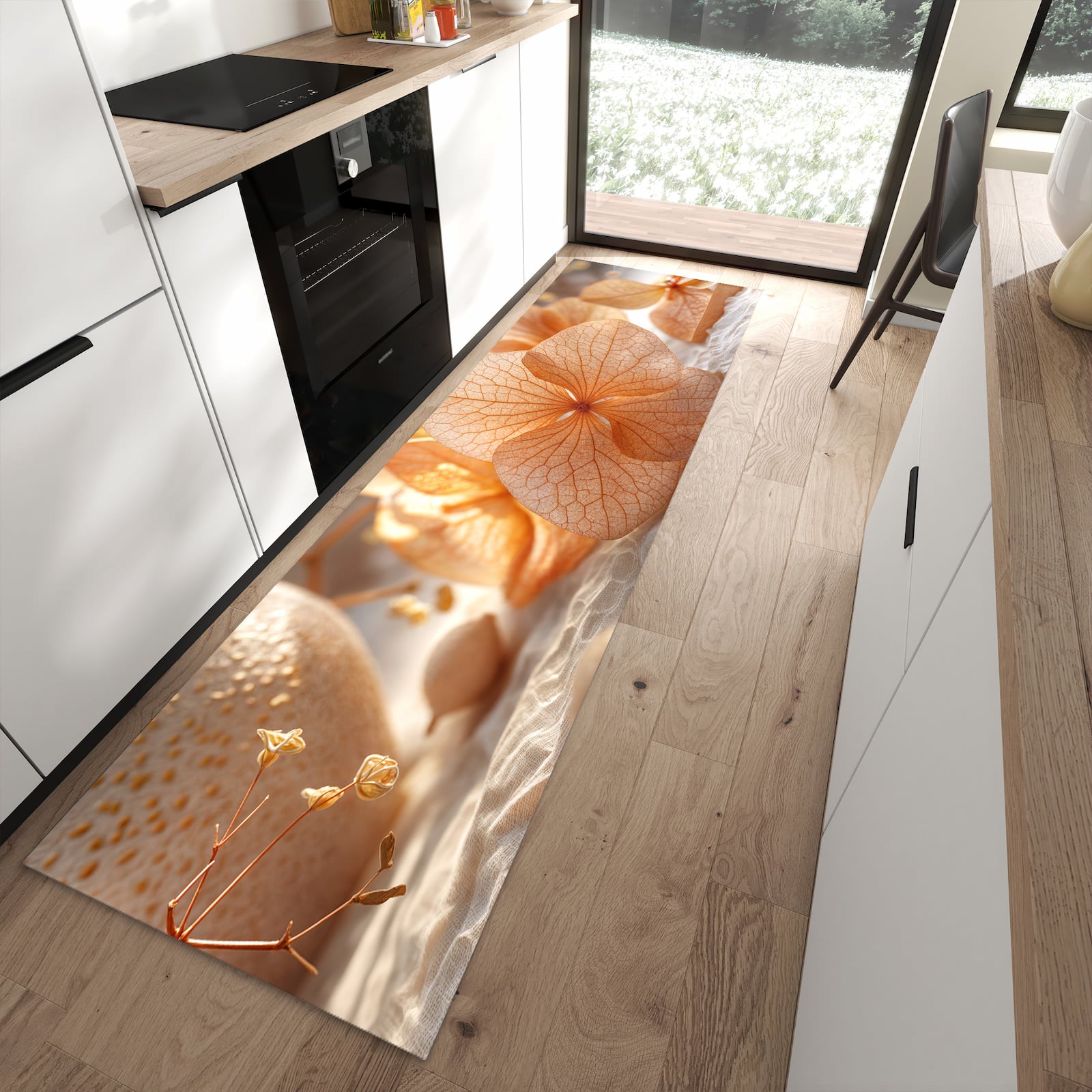 Komfortabler Küchenteppich mit Motiv Blumenarrangement in moderner Küche