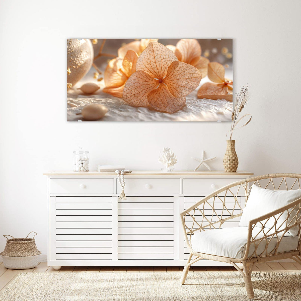 Echtglas, 4 mm – kein Acryl, keine Folie – Wandbild - Hortensie in Apricot - Querformat