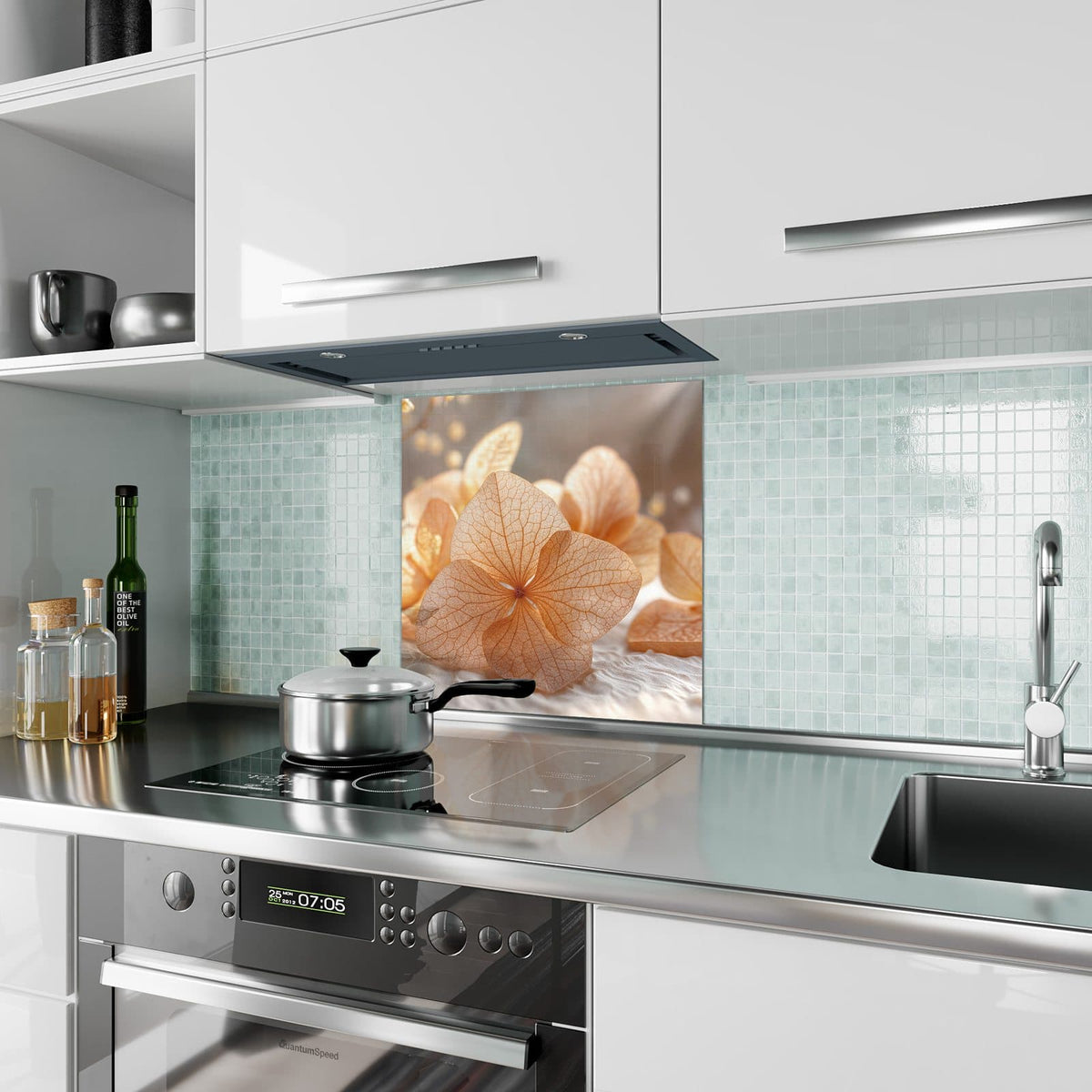 Küchenrückwand Hortensie in Apricot aus Glas – Apricotfarbene Hortensienblüten