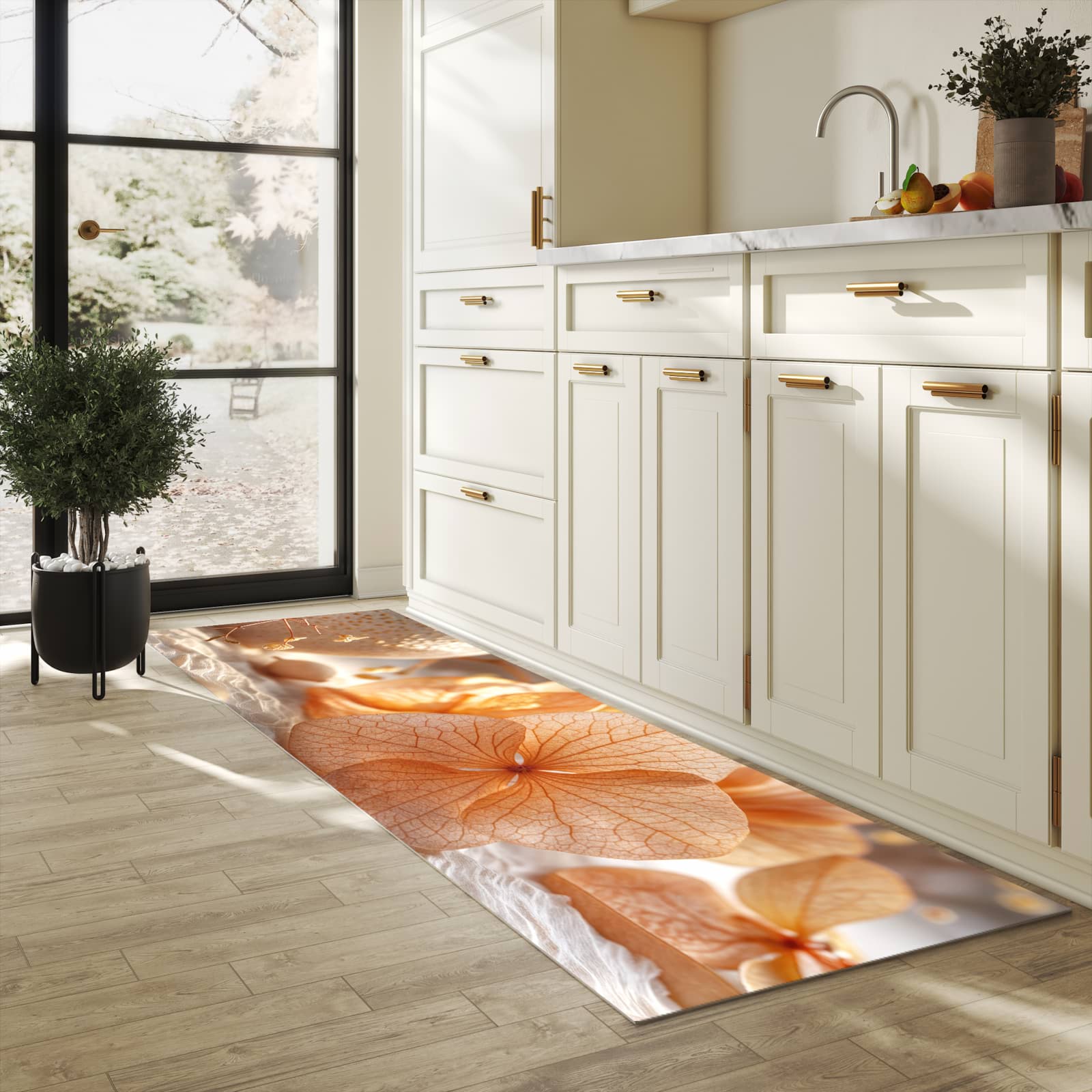 Wasserabweisender waschbarer Küchenläufer mit Motiv Blumenarrangement in heller Küche