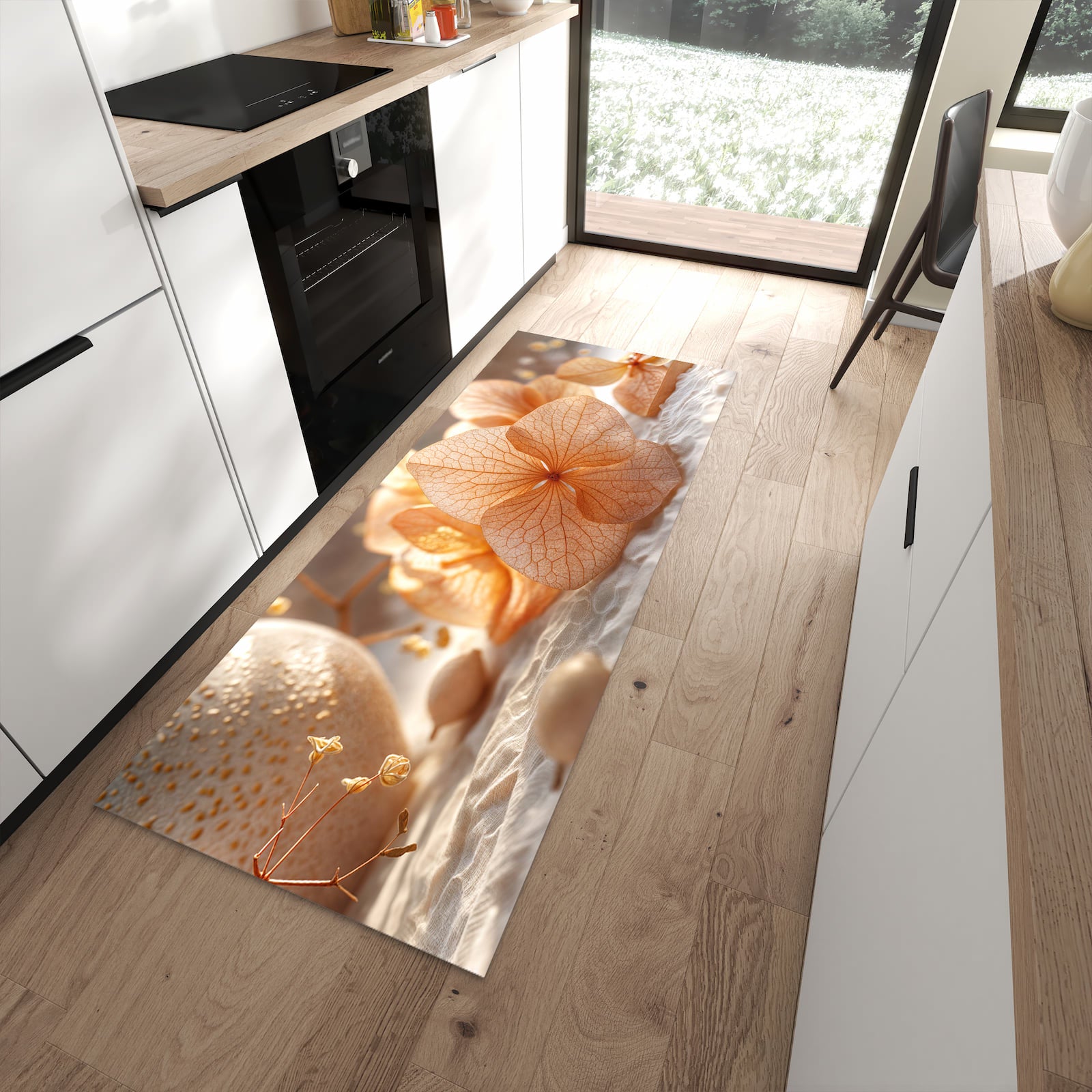 Flacher Küchenteppich mit Motiv Blumenarrangement in moderner Küche