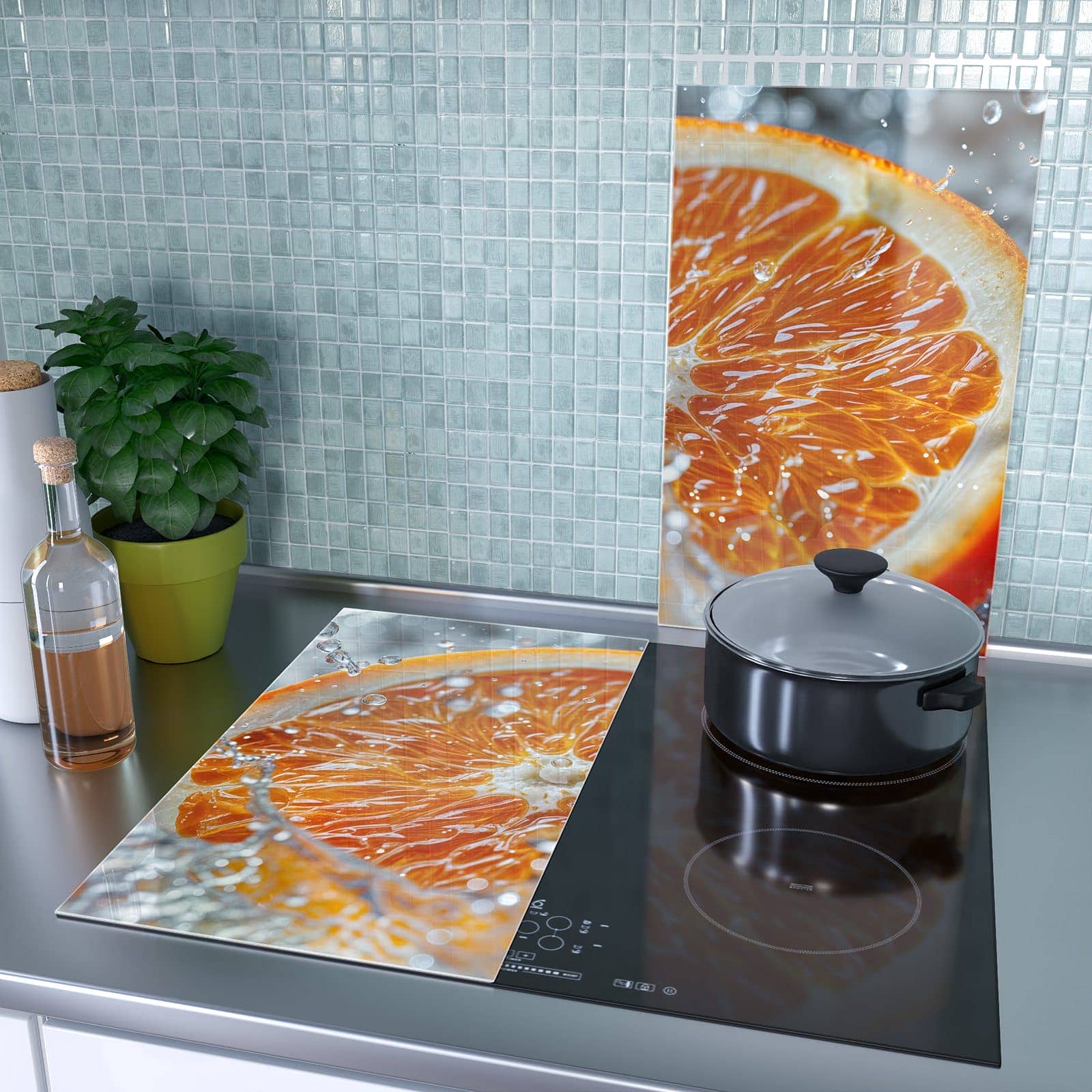 2-teilige Abdeckplatten mit Orangenscheibe Spritz-Motiv als Spritzschutz hinter dem Kochfeld