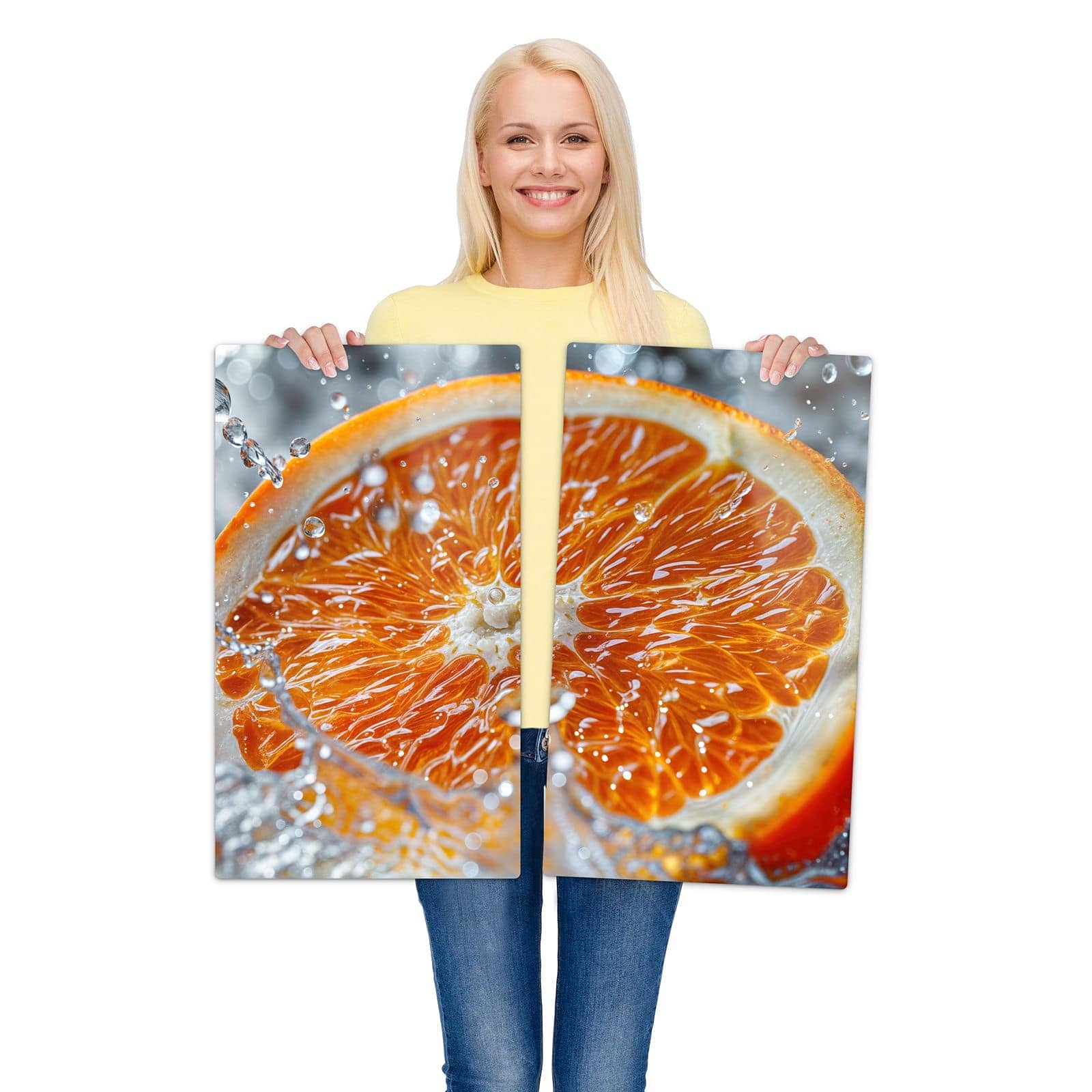 2-teilige Ceranfeldabdeckungen mit Orangenscheibe Spritz-Motiv werden zur Größendarstellung gehalten